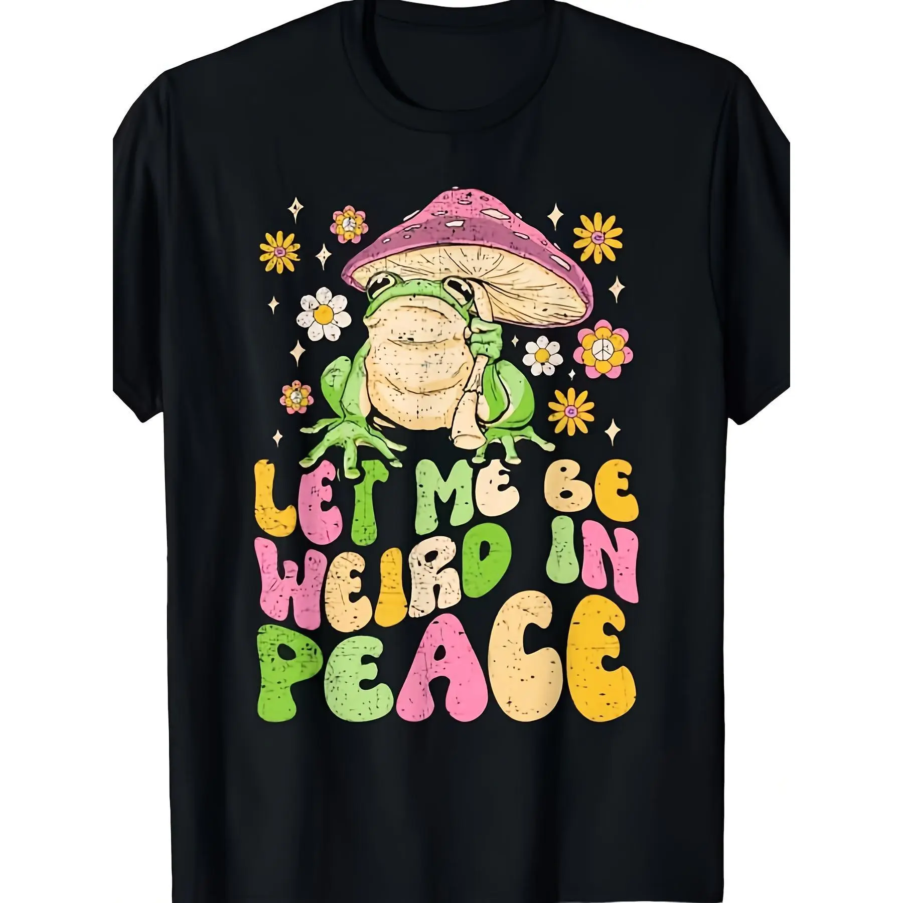 Goblincore T-Shirt with 'Let Me Be Weird In Peace' Frog Graphic, Unisex Casual Retro Cartoon Style, Heavyweight 100% Cotton, Round Neck, Shortsleeve, Plus Size, Tshirt, Top, Retro Graphic, Fitted, S