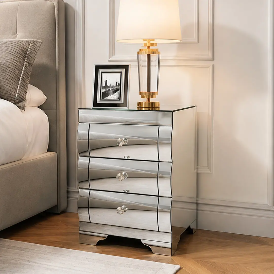 ARCH Glamorous Mirrored 3-Drawer Compact Nightstand - MDF+Glass Silver Modern Design Bed Side Table with Anti-Scratch Stable Stainless Steel, Space Saving Modern Bedroom Small Space Furniture Decor, Bed Side Tables, Space Saving Furniture