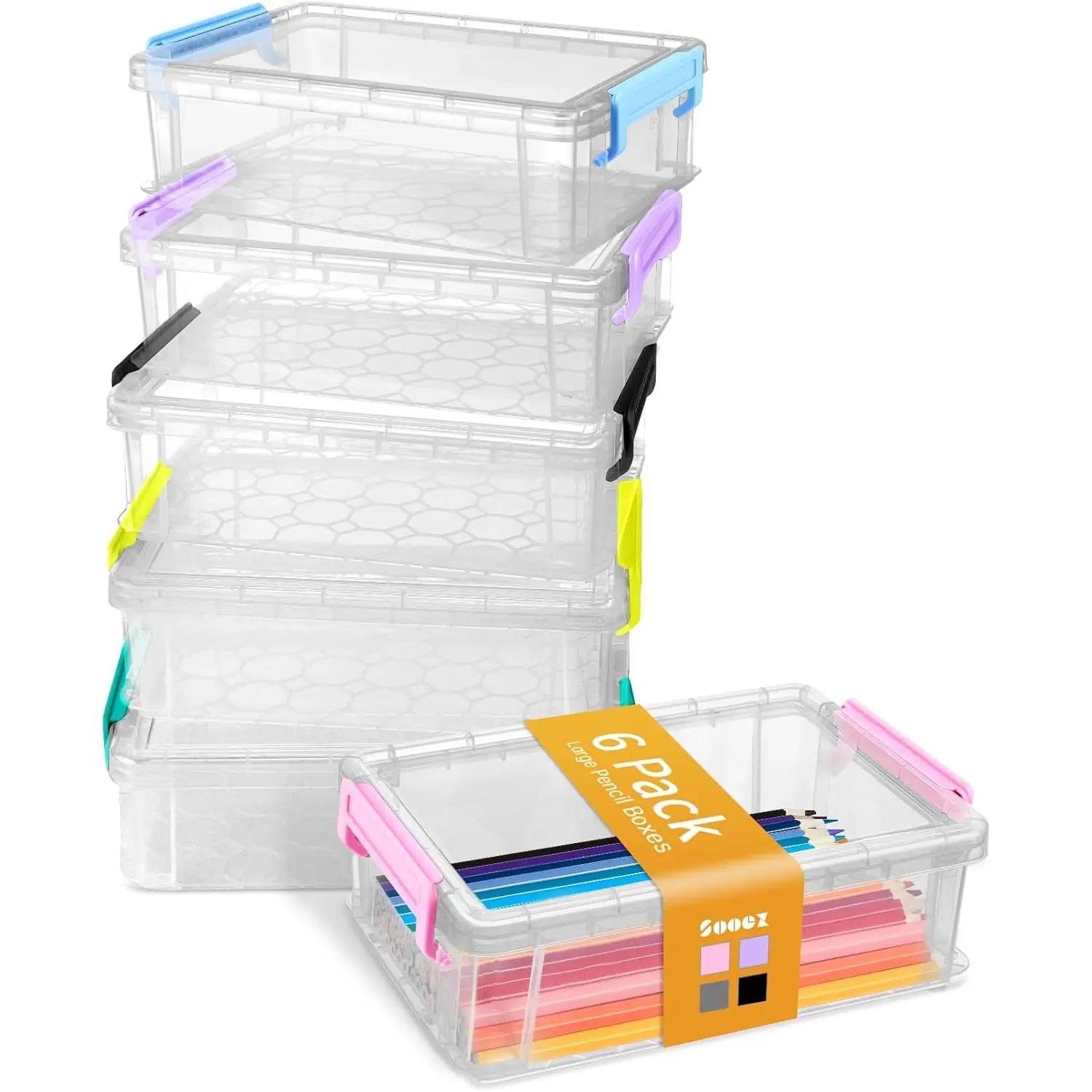 6 Pack Extra Large Pencil Box, Plastic Hard Pencil Case Crayon Box Bulk, Clear Marker Organizer Plastic Containers with Lid, Stackable Storage Boxes for Art Craft, Back to School Supplies, Multi