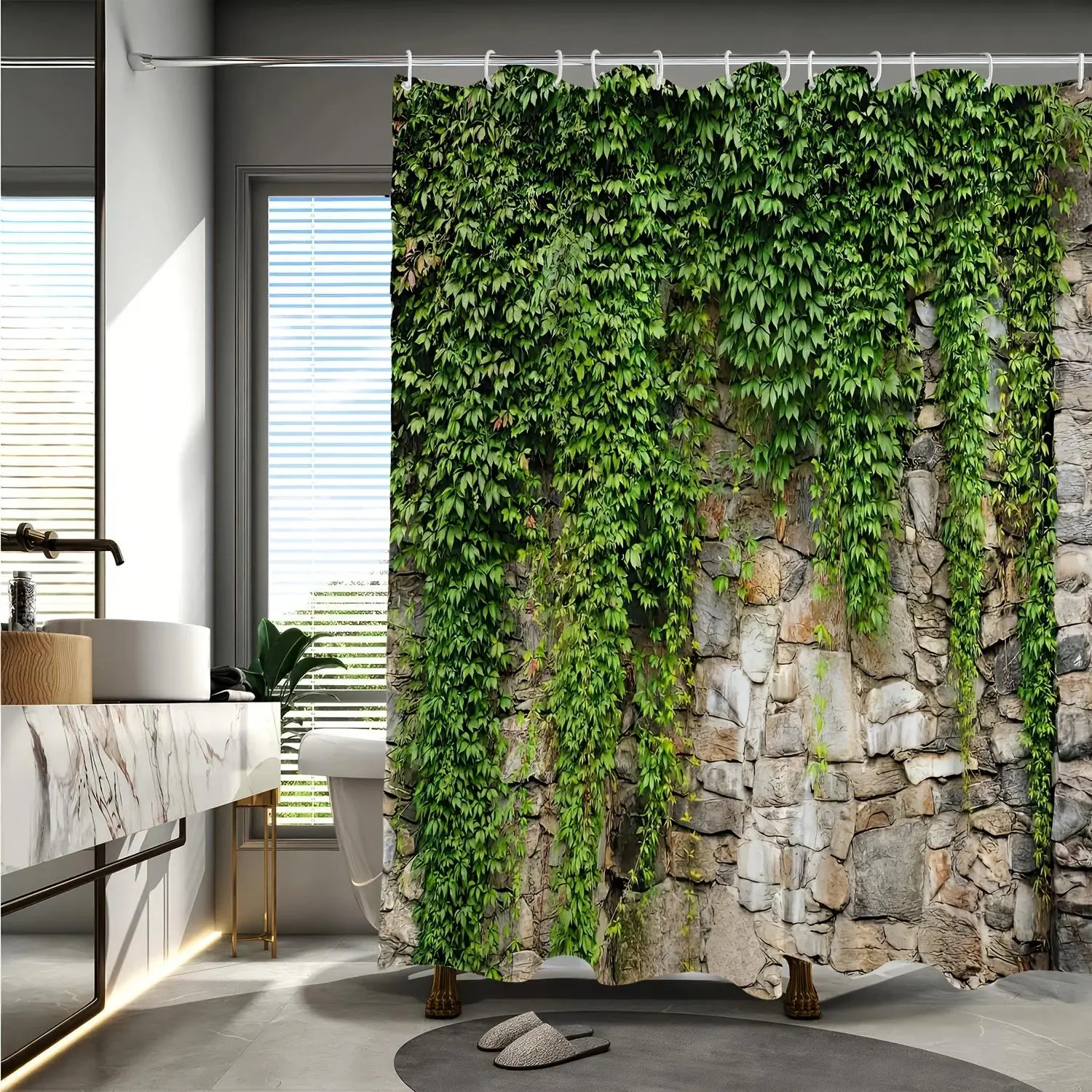 Stone Wall and Ivy Pattern Decorative Shower Curtain – Aesthetic Illustration, Includes Hooks, Bathroom Backdrop