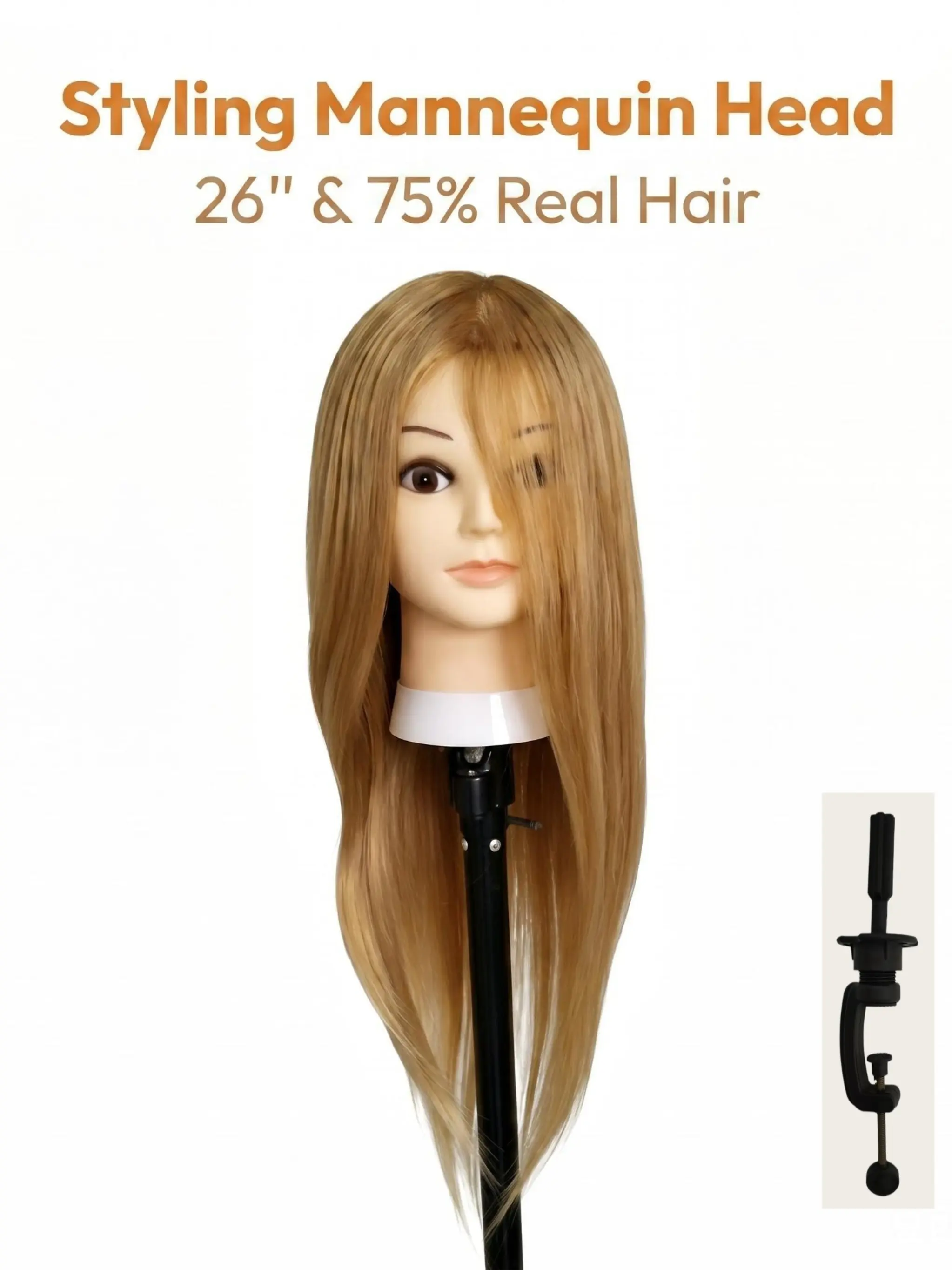 26-Inch Human Mannequin Head, 75% Real Hair, Ideal for Hairstyle Design, Barber Training, Braiding, Trimming, Includes Stand, Practice Mannequin Head