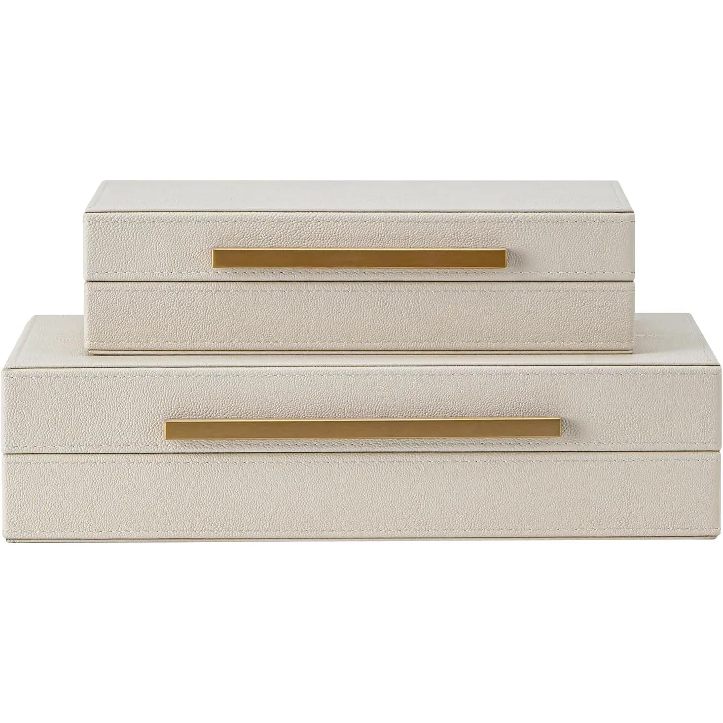 Set of 2 Beige Shagreen Decorative Storage Boxes with Gold Metal Handles – Faux Leather Jewelry & Memory Boxes, Nesting Photo Organizers for Home Decor