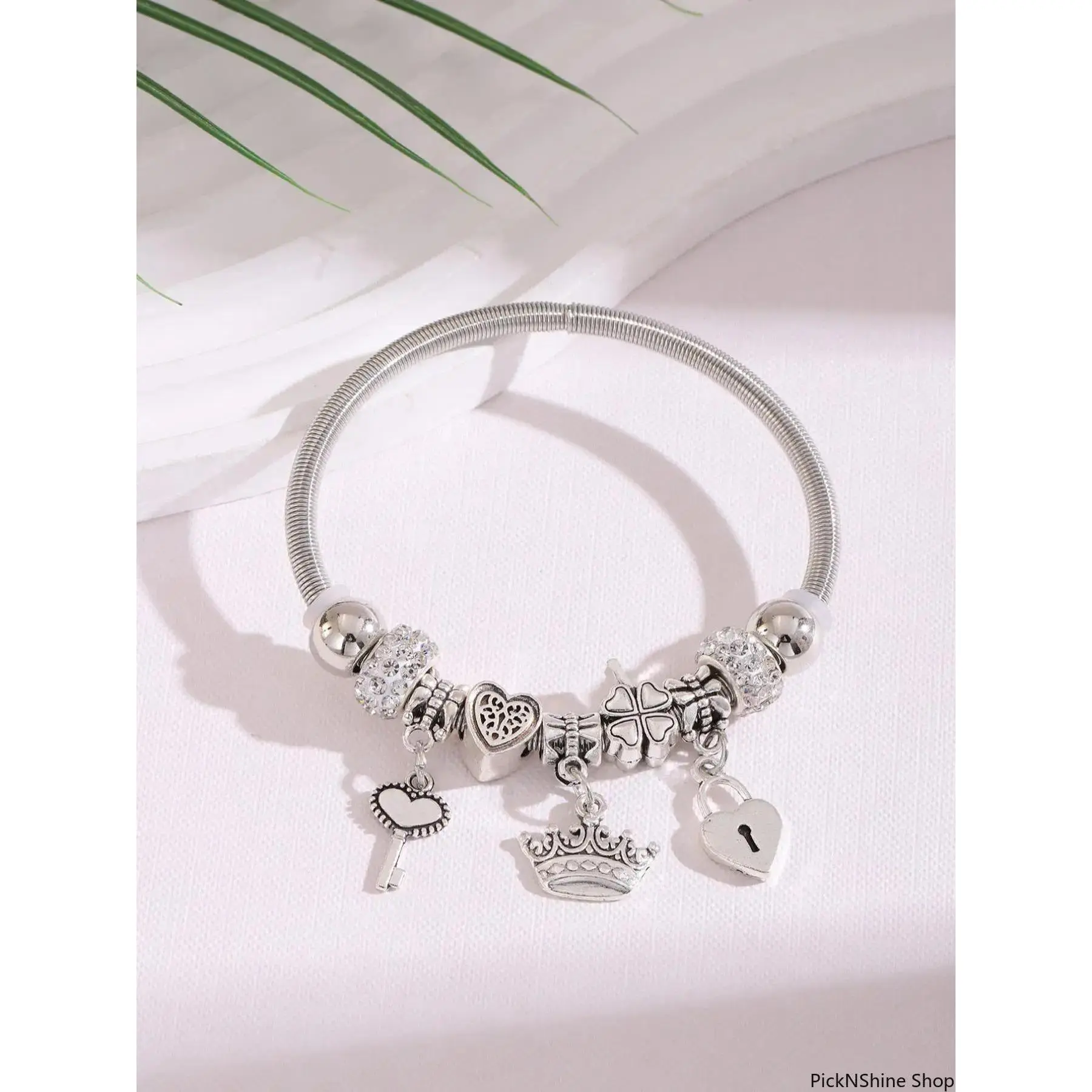 Silver Plated Charm Bracelet for Women, Adjustable Bangle with Heart, Crown, Lock & Key Charms, Rhinestone Beaded Jewelry, Elegant Mother's Day Gift, Charm Bracelets