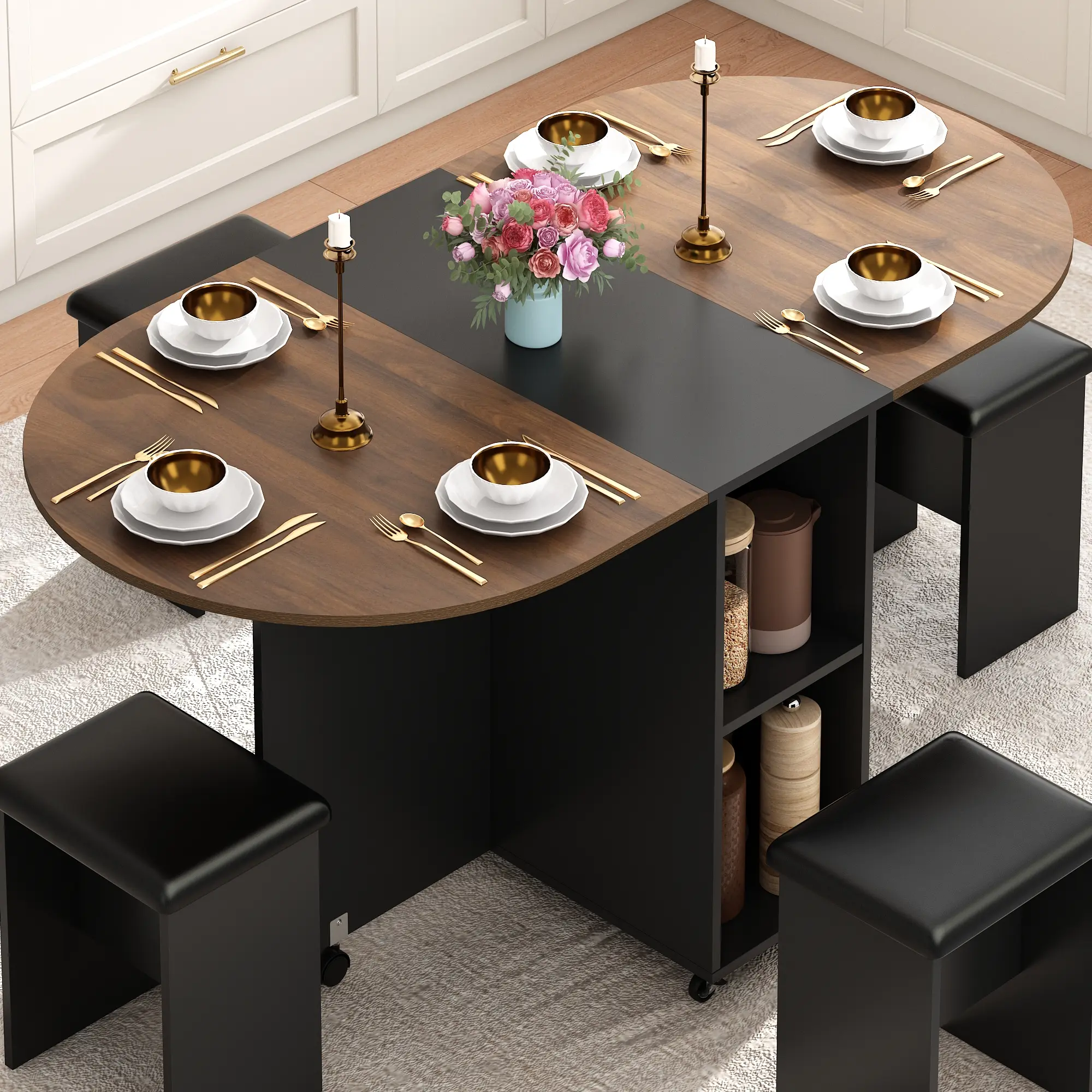 5 PCS Farmhouse Dining Table Set for 4,60" Large Round Folding Dining Table Set w/ 4 Leather Chairs, Drop Leaf Oval Modern Kitchen Table for Small Spaces,6 Wheels,2-Layer Storage Shelf,White Marble/Walnut