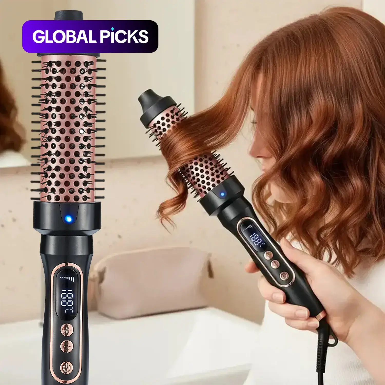 Hot Brush, Hair Curler Brush, 1.5-Inch Negative Ion Round Comb, US Plug, 6 Temperature Settings, Natural Curls, Dual Voltage Ionic Curling Iron #GLOBAL PICKS