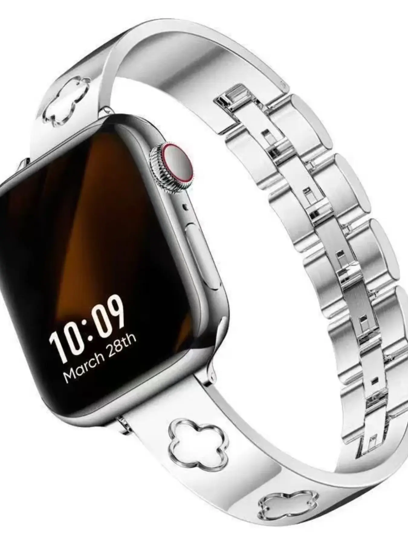 Apple Watch Band for Women, Floral Engraved Stainless Steel Strap, Slim Metal Bracelet, Elegant and Durable, Perfect Fit for Apple Watches, Smartwatch Accessories