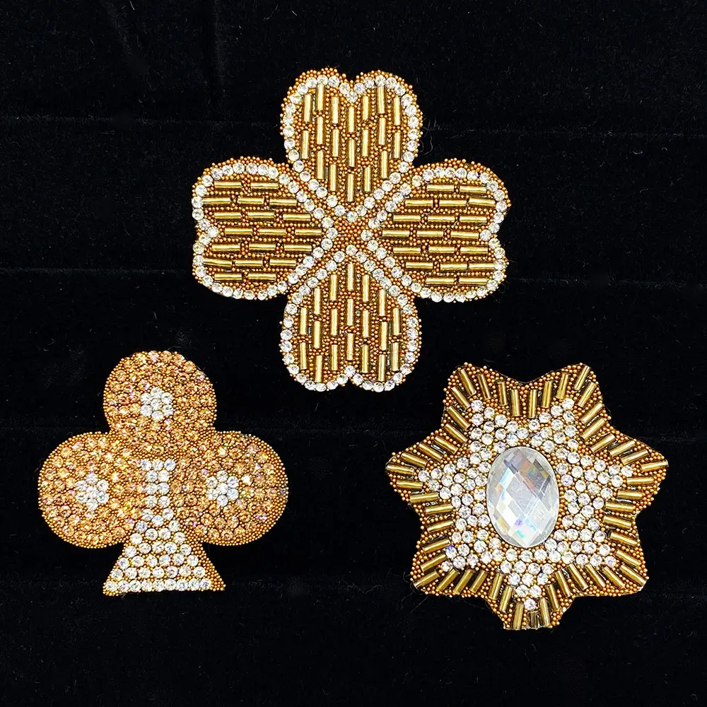 3pcs Beaded Rhinestone Applique, Sew on Crystal Patch, Clover Club Star Shape, DIY Garment Decoration for Weddings, Jackets, Jeans, Hats