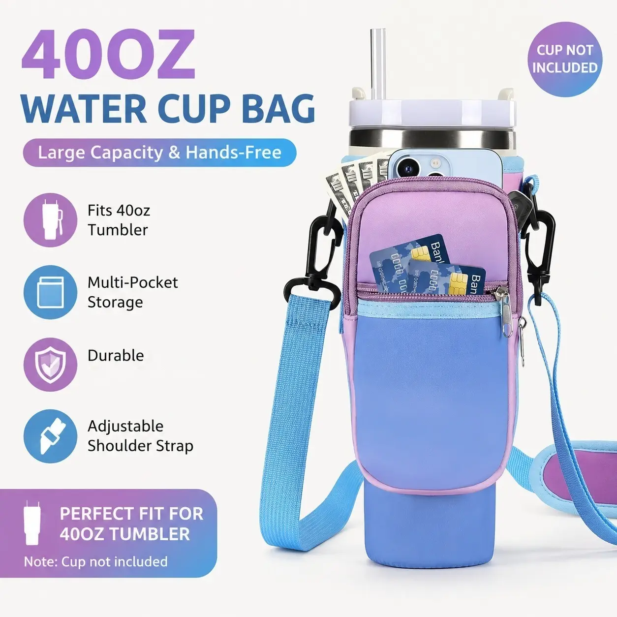Water Bottle Bag with Adjustable Shoulder Strap, 40-oz Tumbler Carrier Bag, Insulated Travel Drinkware Carrying Bag with Cell Phone Pouch, Tumbler Accessories (Mug Not Included)