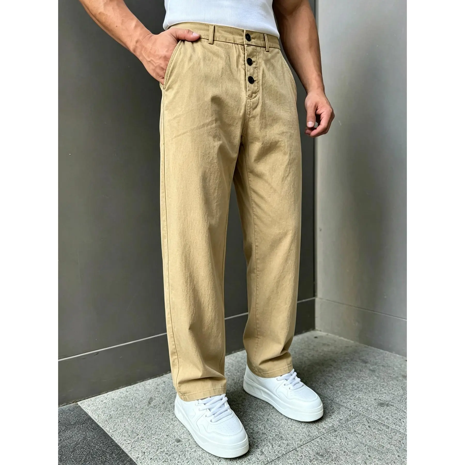 Cotton straight leg casual trousers with multi-button front closure, belt loops and side pockets, relaxed loose silhouette, soft textured fabric, versatile daily bottoms for stylish modern mensfashion outfits.