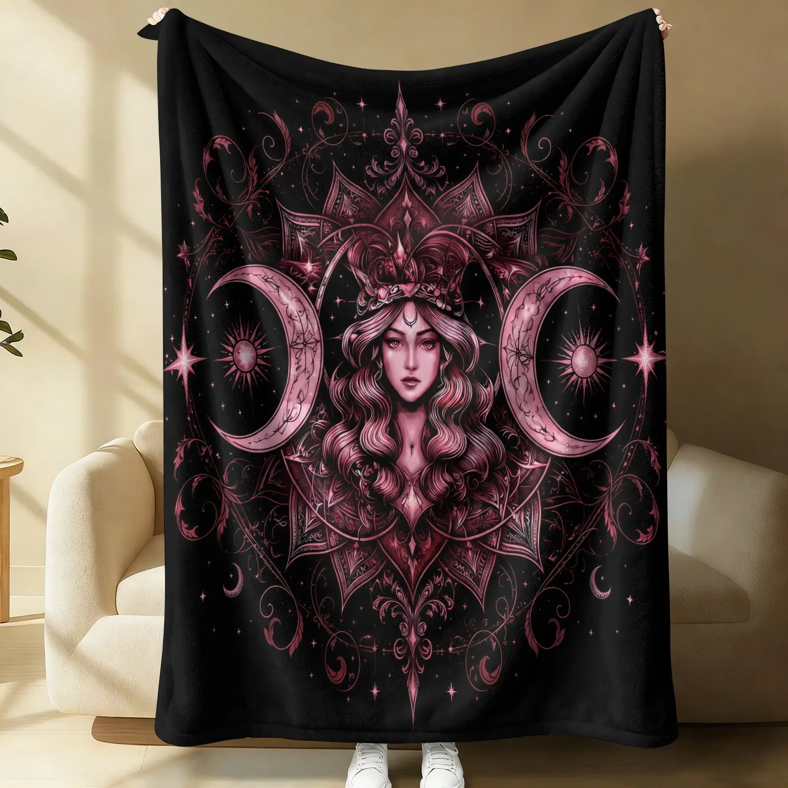 Triple Moon Goddess Flannel Blanket, Pagan Ornate Celestial Floral Throw Blanket, Witchcraft Spiritual Warm Blanket for Wicca Enthusiasts, Soft Pagan Spiritual Style Gift Blanket, Cozy Throw Blanket for Couch Bed Sofa, Decorative Sofa Blanket