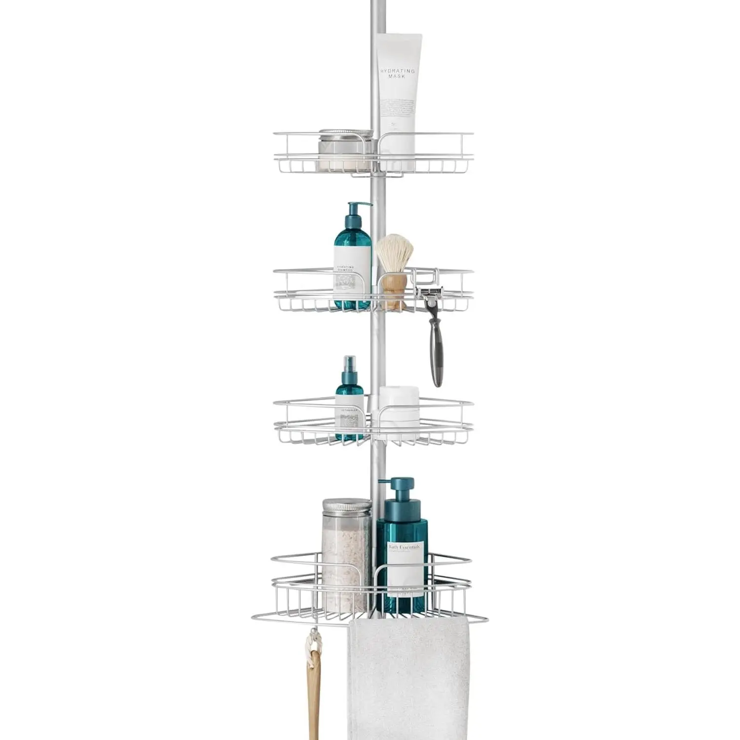 Tension Pole Shower Caddy Corner Organizer, Adjustable Standing Shower Caddy with 4 Baskets and Built in Towel Bar, Rust Resistant Bathroom Tension Rod Organizer, 60 to 97 Inch, Chrome