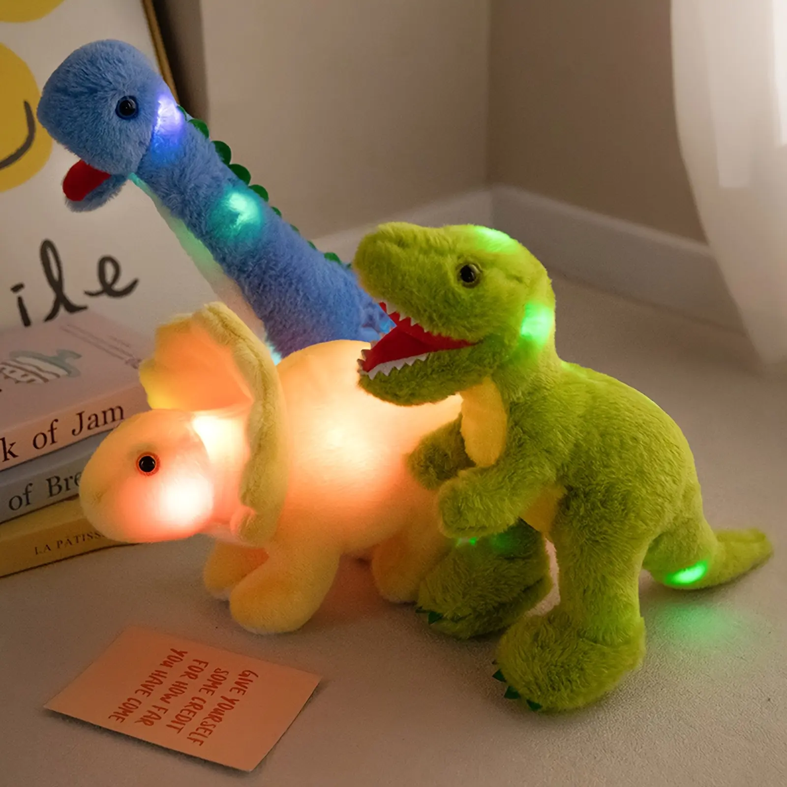 Glow-in-the-dark dinosaur plush toys – Triceratops, Brachiosaurus and Tyrannosaurus Rex – soft and cuddly, perfect for youngsters – ideal gift for dinosaur lovers