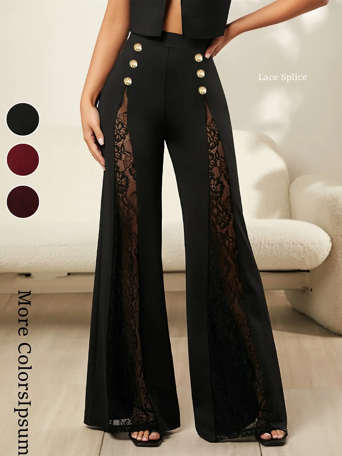 Women's solid color knitted pants, Airy High Waisted, Aesthetic, Elegant, decorated with buttons, semi transparent lace splicing wide leg bell bottoms, suitable for spring/summer, formal/casual, daily outdoor wear