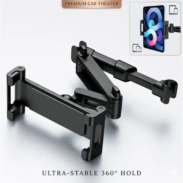 Universal Car Headrest Tablet Mount with Shockproof Rubber Grips for Family Road Trips, 360° Ball Joint Holder for 5.3"-12.9" Tablets and Phones, Latex, Backseat, Shockproof Grip, Toolless Install