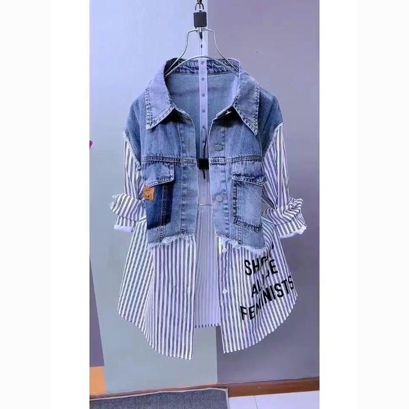 Women Denim Jacket Fake Two Denim Shirts 2025 New Spring Summer Autumn Casual Fashion Joker Stitching Striped Tops Coat Female