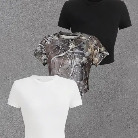 Women's Plain & Leaf Print Round Neck Tee, Casual Slim-fitting Short Sleeve T-shirt, Ladies Summer Clothes for Daily Wear