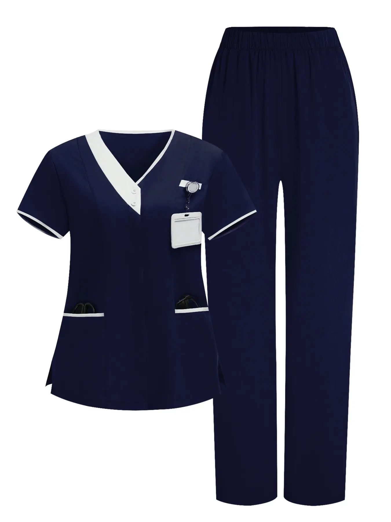 Fashion Colorblock Women's Medical Top, Stretchy Comfort Nurse Workwear, Multi-Pocket Breathable Work Shirt, Stylish and Practical Uniform