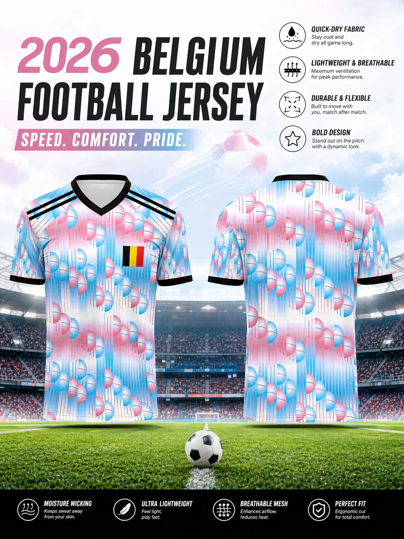 2026 Belgium National Team Away Soccer Jersey, Base Blue Gradient, V Neck, Quick-Dry Lightweight, Slim Fit, Short Sleeve
