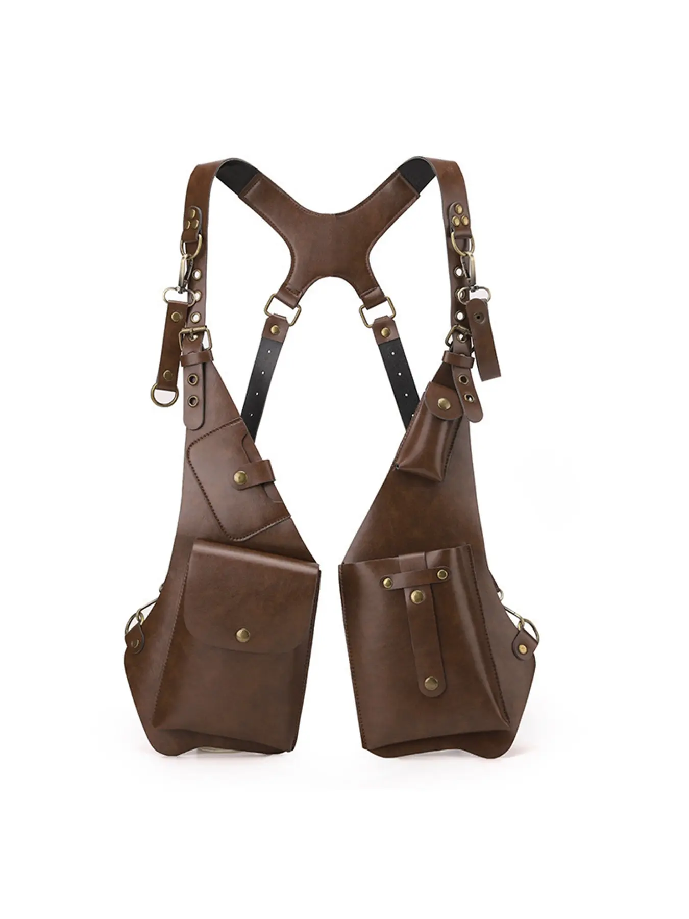 Vintage Steampunk PU Leather Belt Bag, Dual Pocket Practical Chest Shoulder Backpack, Adjustable Strap Photographer Tool Box Bag, Retro Outdoor Chest Bag