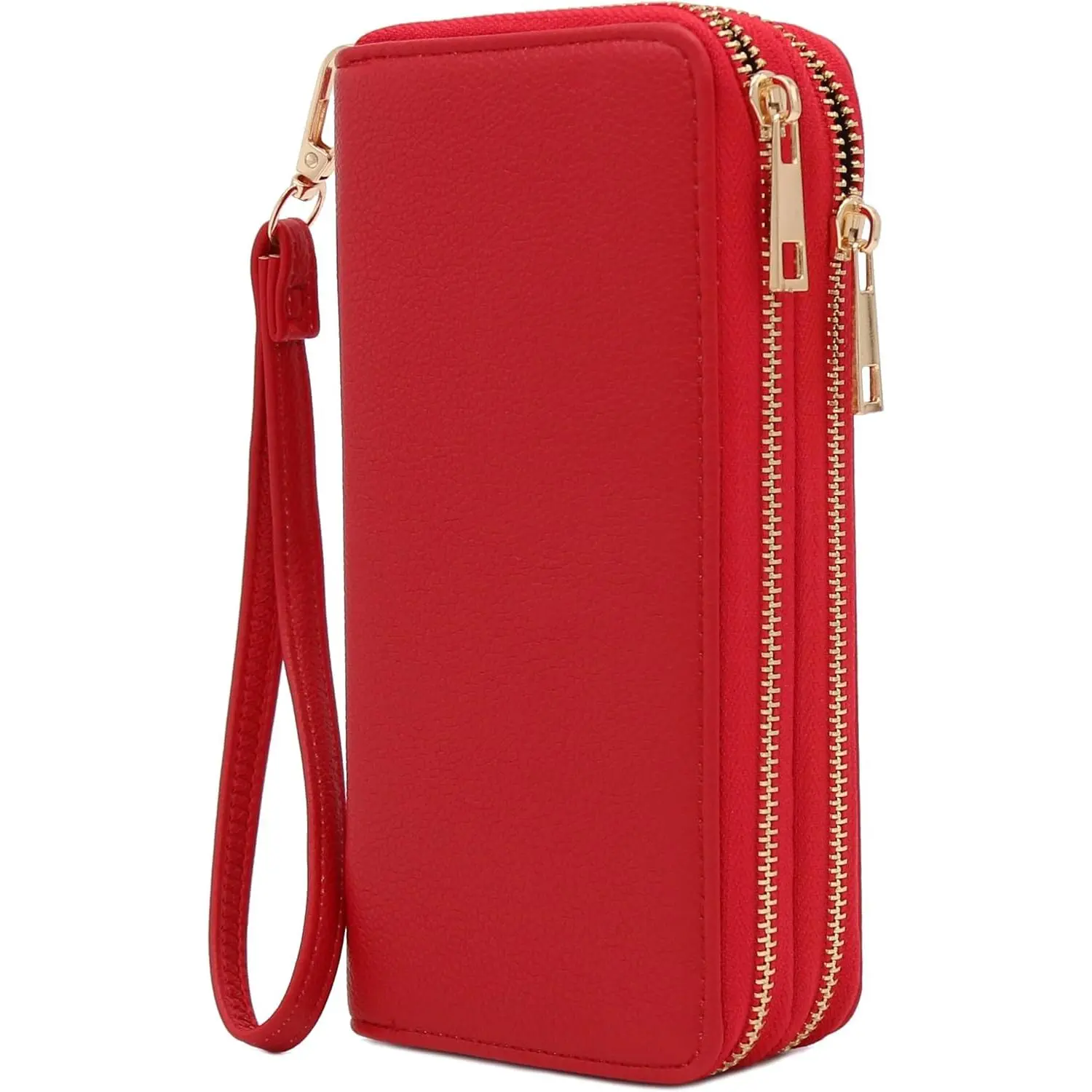 Double Zip Around PU Leather Wristlet Cell Phone Wallet