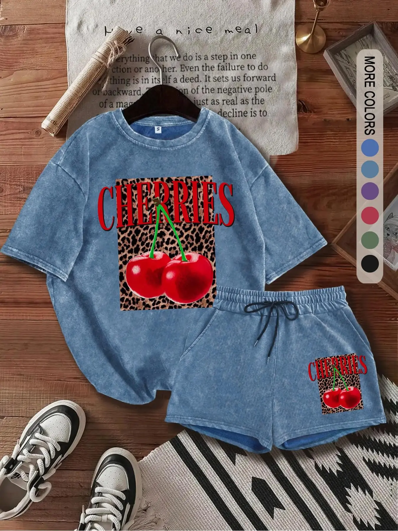 2-Piece Set, Leopard Print & Cherry Motif Washed Distressed Casual Outfit, Crafted From Pure Cotton Fabric, Featuring Elastic Waist Drawstring Shorts