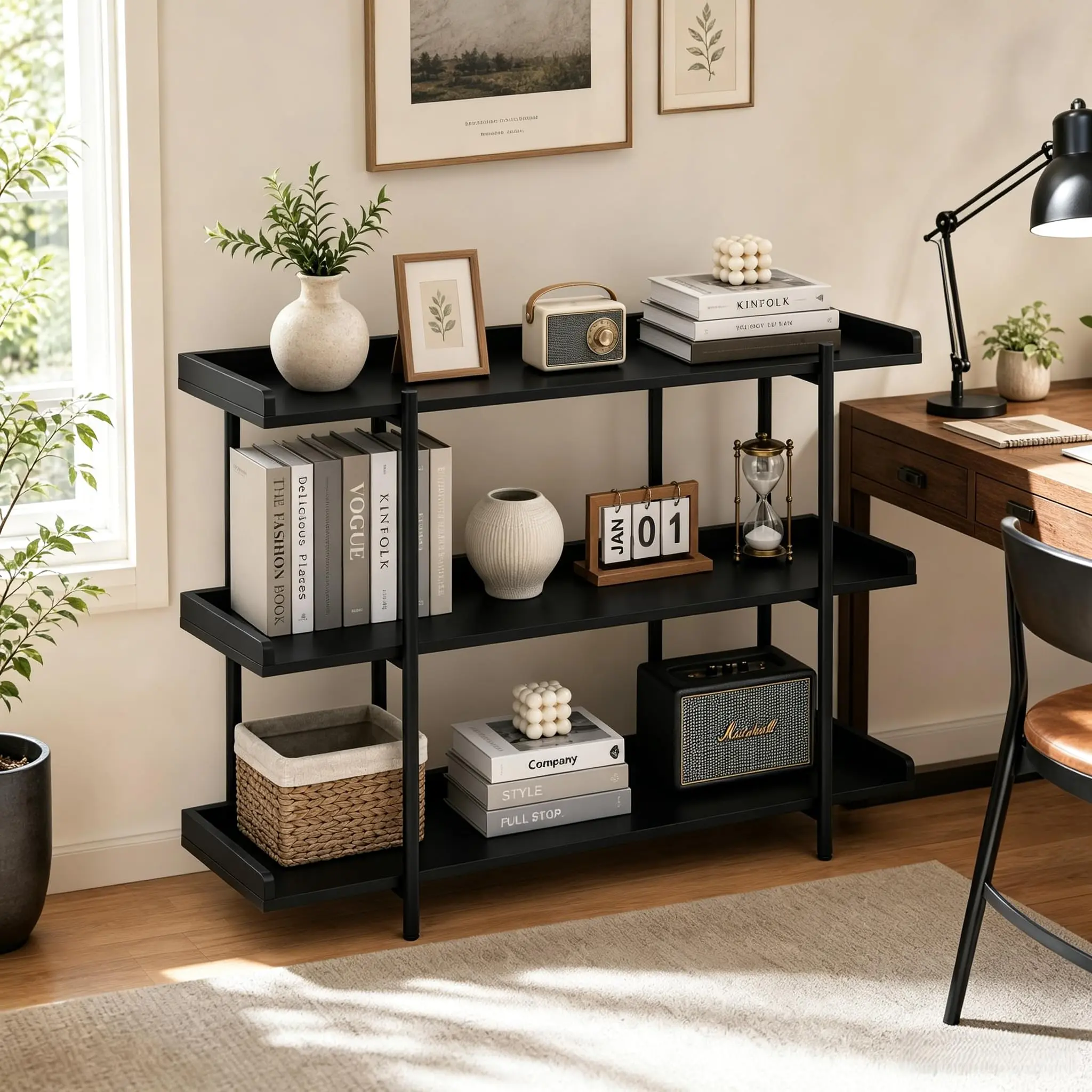 3-Tier Adjustable Rustic Farmhouse Bookcase, Industrial Wood and Metal Shelf with Raised Edge Guard, Open Shelving for Home Office, Living Room, Bedroom, Kitchen