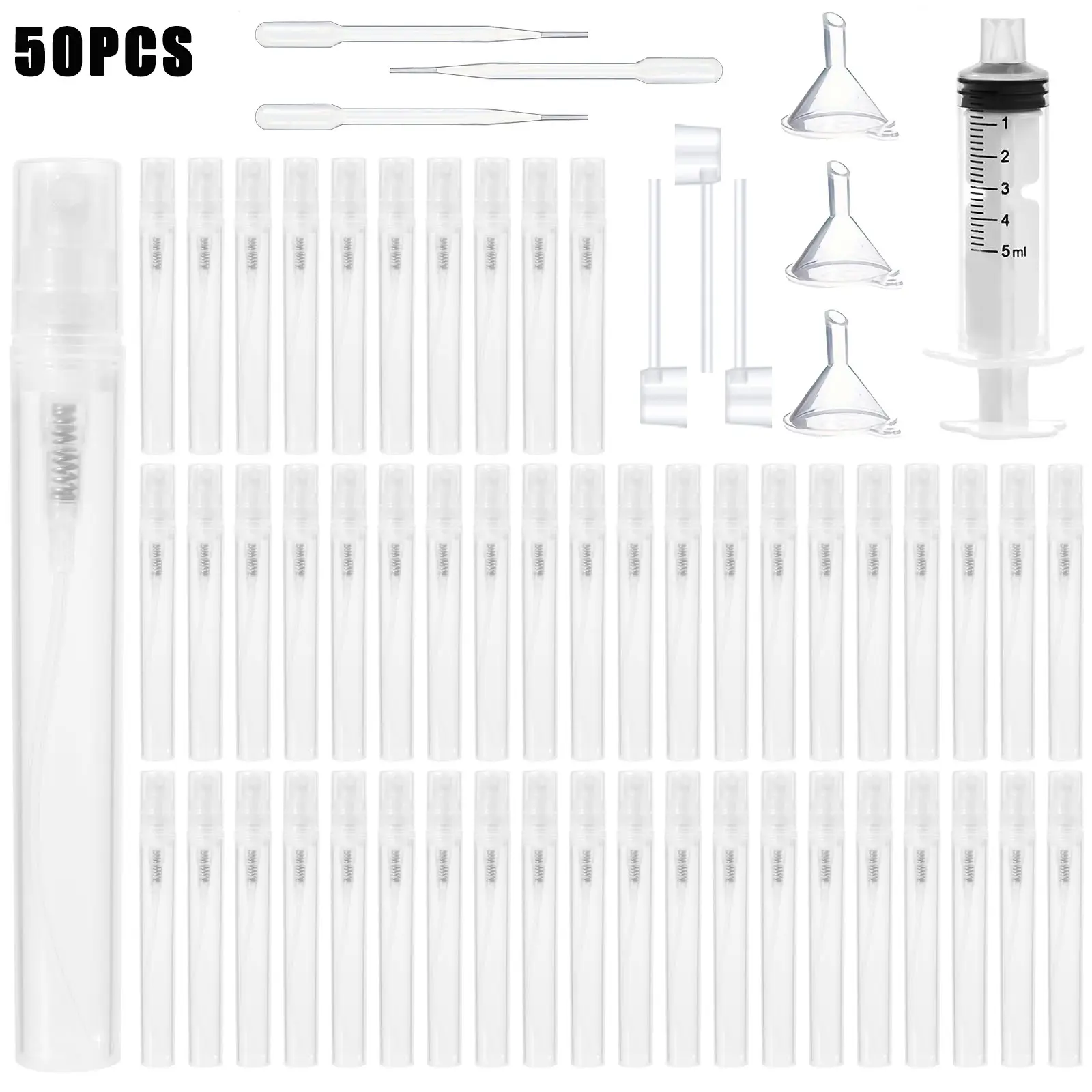 50-Pack 5ML Mini Spray Bottles, Travel Perfume Bottle, Transparent Plastic, Fine Mist, Includes Pumps, Funnels, Straws, Syringe