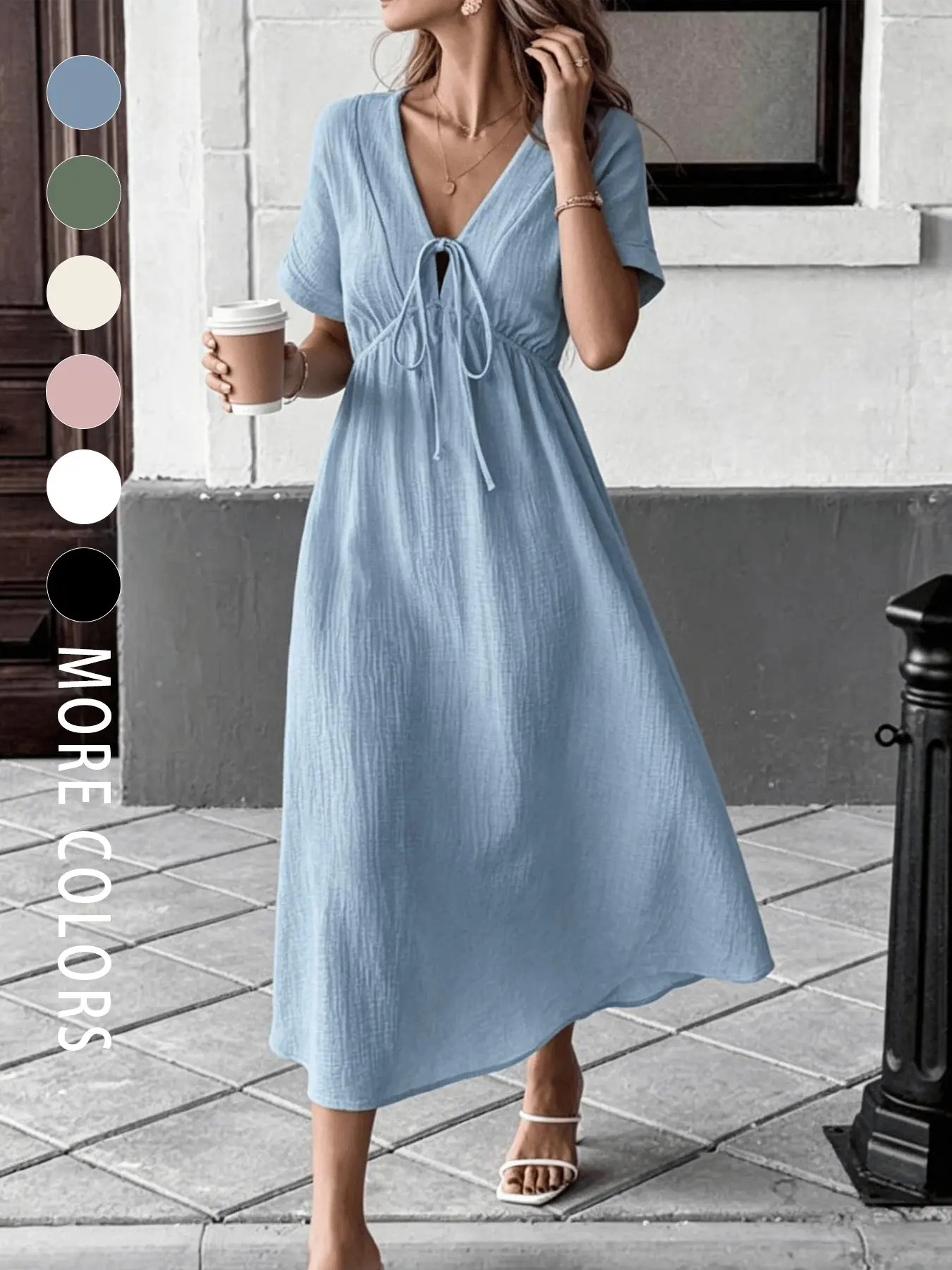 A women's fashionable casual wear resort-style pure-color dress with a V-neck, lace-up front, high waist, and large skirt, creating a slimming effect and a festive atmosphere. Ideal for summer, dating, parties, beach outings, and afternoon tea.