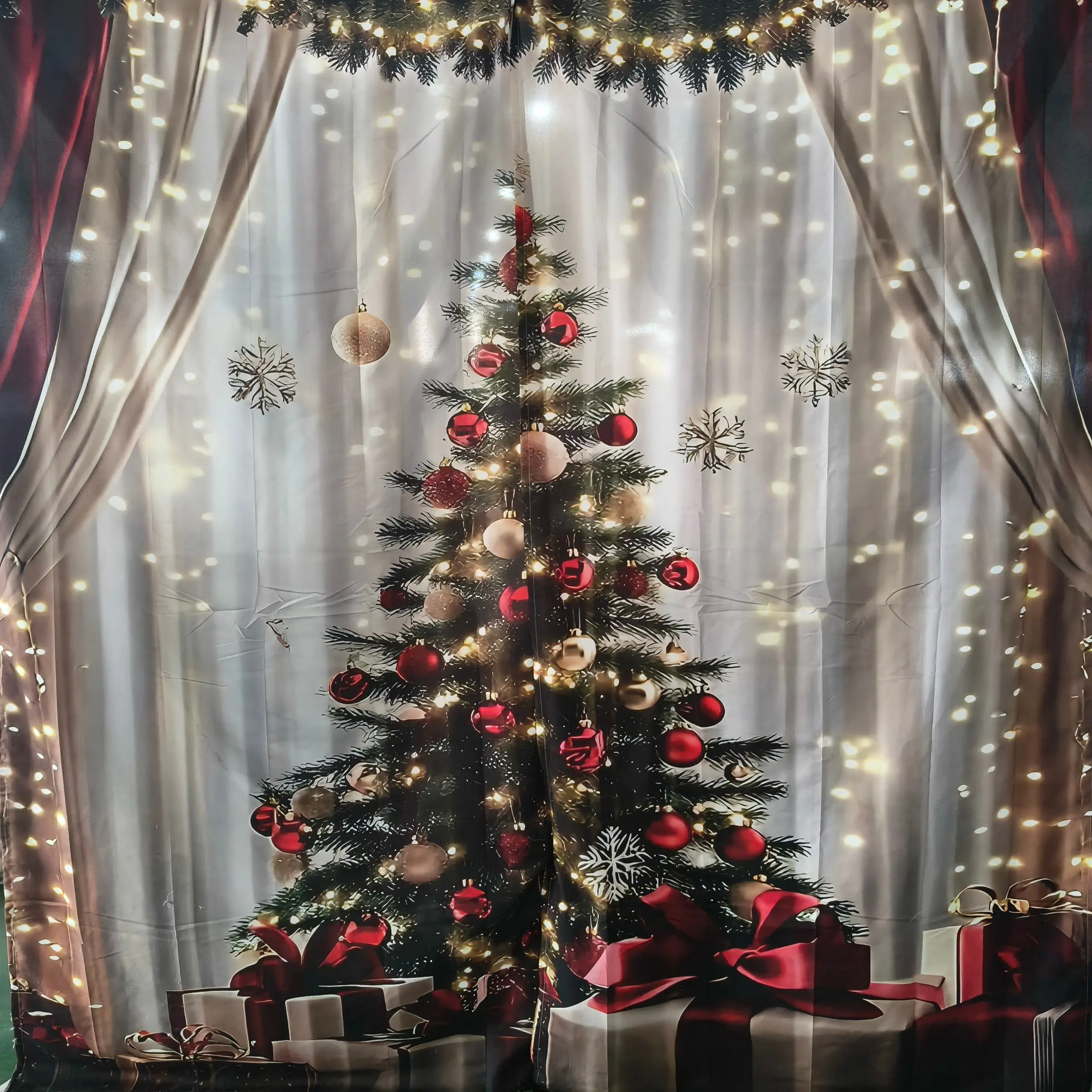 2-Piece, Universal Fit, Christmas curtains, Curtain For Windows, Window Drapes, Holiday red and gold snowflake pattern, translucent rod pocket curtains, suitable for home decoration, Christmas theme, Window Decorations Supplies