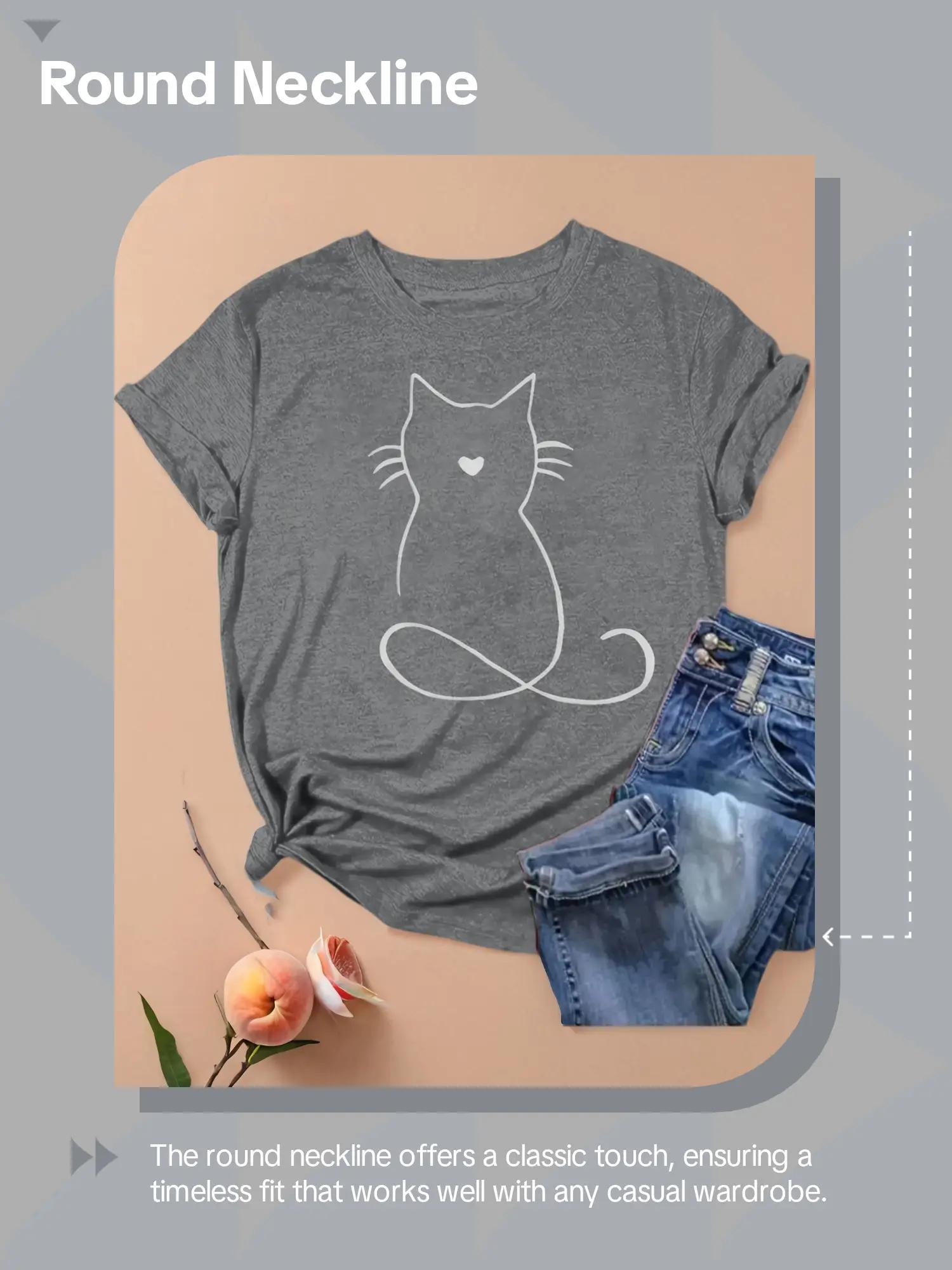 【Plus Size】 Cartoon Cat Print Round Neck Tee, Casual Short Sleeve Crew Neck T-shirt for Daily Wear, Women Clothing for All Seasons 【Plus Size】 Cartoon Cat Print Round Neck Tee, Casual Short Sleeve Crew Neck T-shirt for Daily Wear, Women Clothing for All Seasons