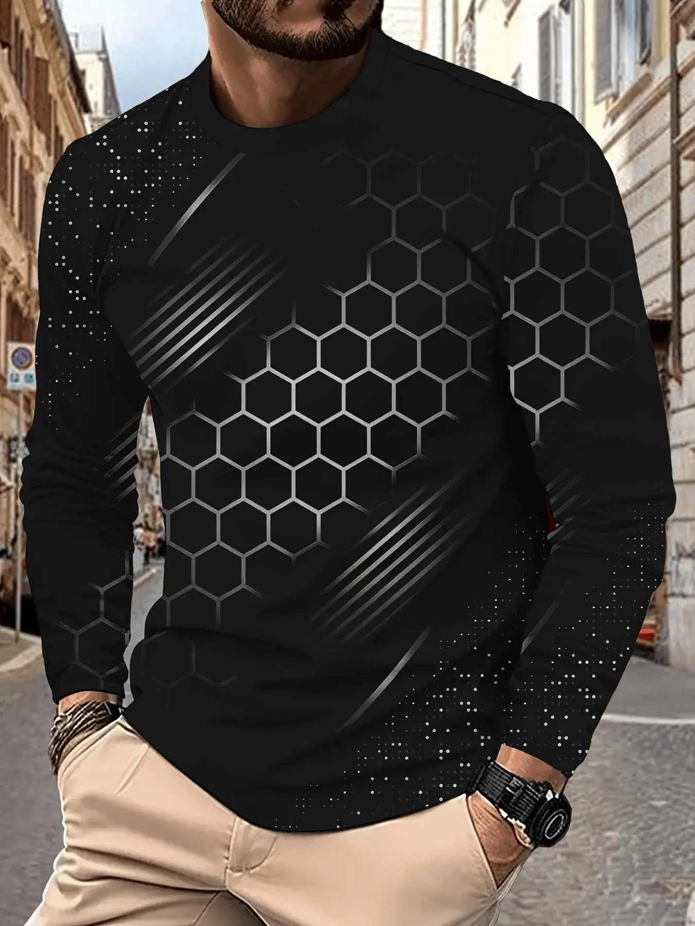 Men's Honeycomb Long Sleeve T-Shirt, Functional Tech Style, Stretchy Versatile Top, Base Silver Color Hexagonal Pattern, Adult Sport Streetwear