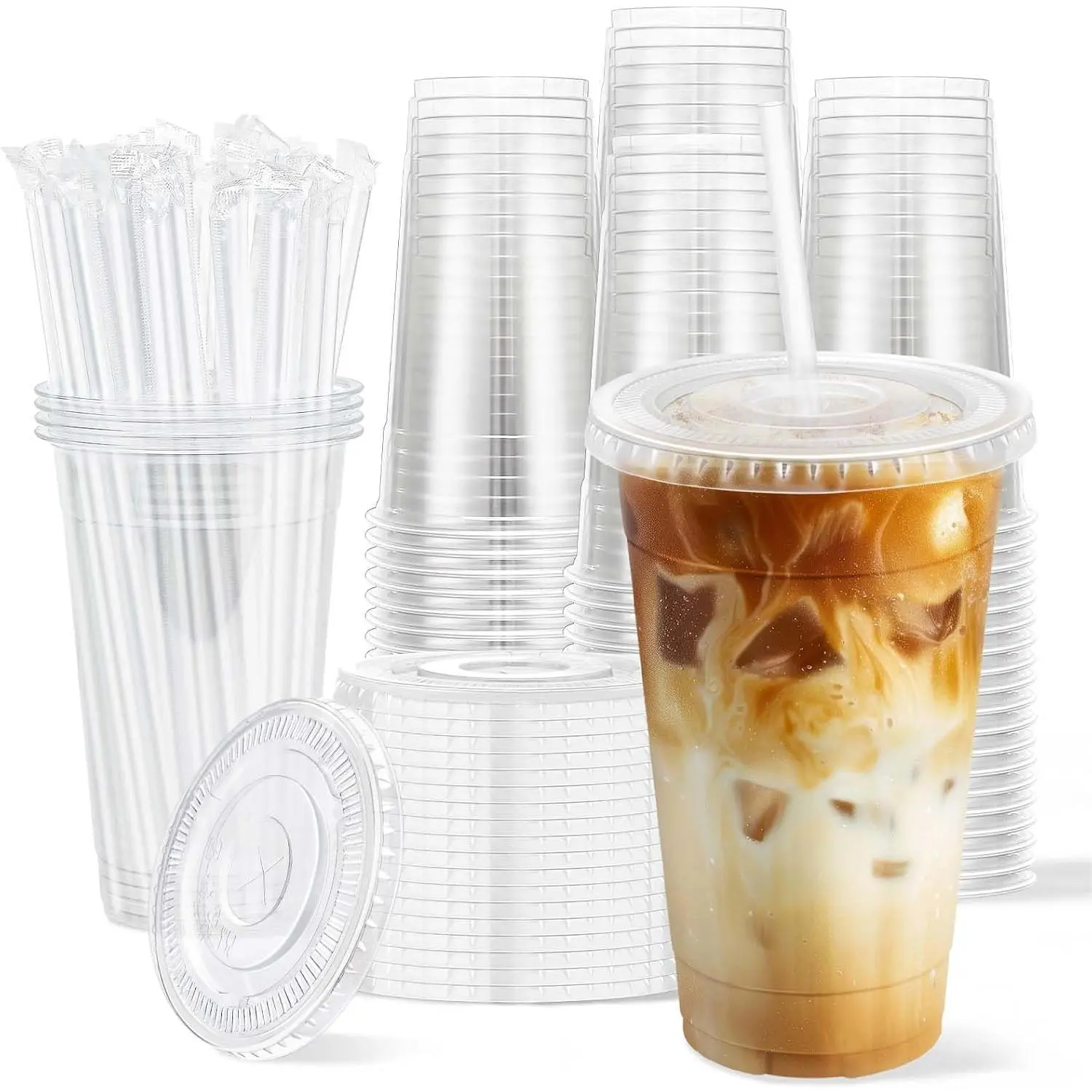 100 Pack 20 oz Disposable Clear Plastic Cups with Lids and Straws, Leak-Proof Sturdy Cold Drink Cups for Iced Coffee, Smoothies, Juice, Parties & Business