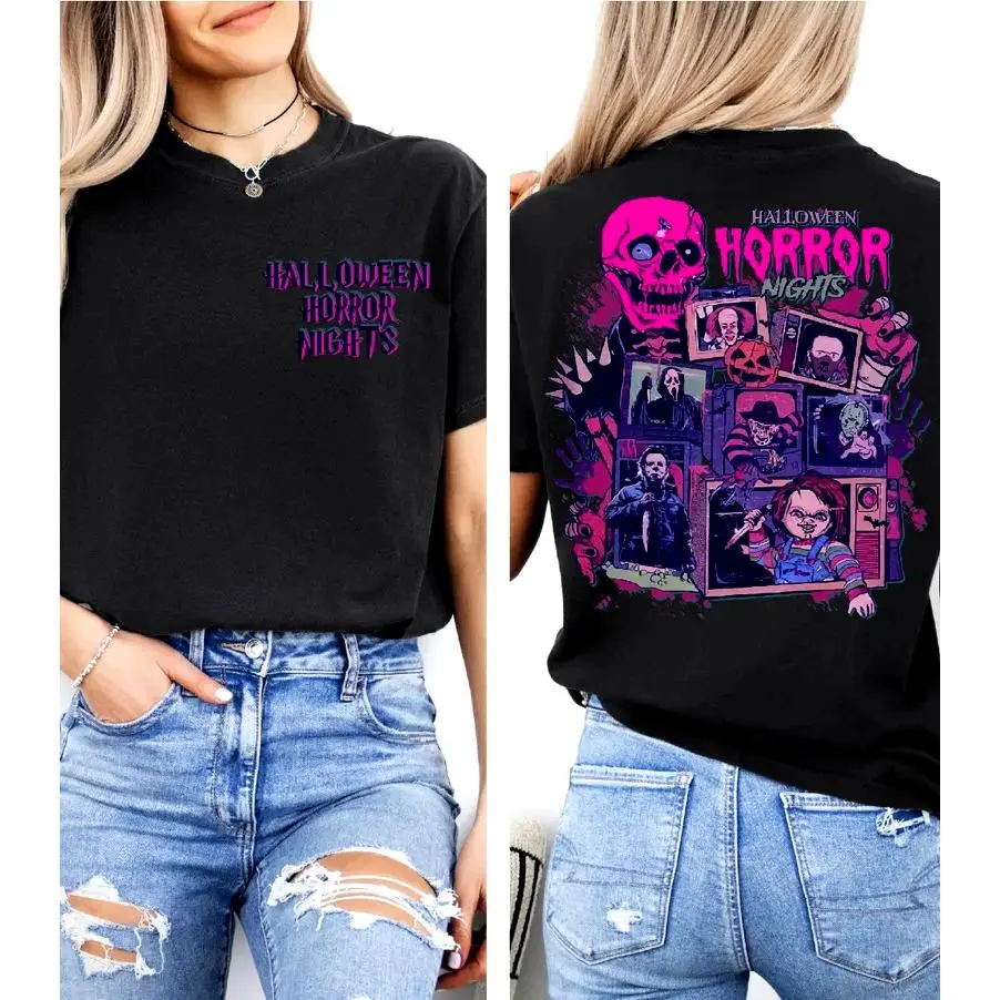 Men's Vintage Horror Characters Halloween Short-Sleeve T-Shirt - Double-Sided Printing, Streetwear Style, Comfortable, Horror Nights Studios Design, Anniversary Gift, Beach Wear