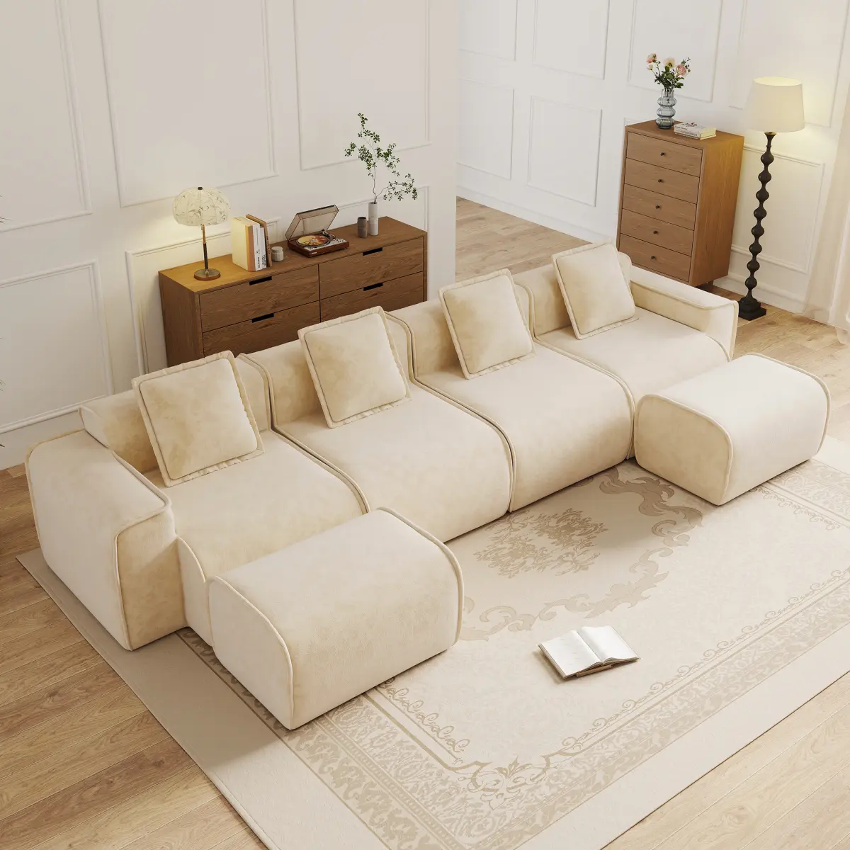 Aobtkel Sturdy Durable Oversized Velvet Light Camel Boneless 4-Seater U-Shape Sectional Sofa - Comfy Couch with French Piping, Wide Arms, Foam Cushioning, Wrinkle Resistance, No Assembly, Throw Pillows, 2 Movable Ottomans for Living Room