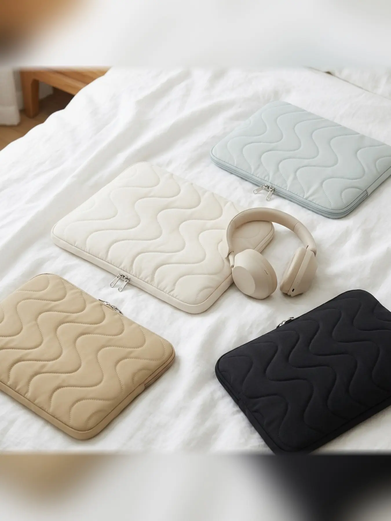 Korean Style Wave Pattern Quilted Laptop Bag, 10-11 Inch iPad Sleeve, 14 Inch Notebook Shockproof Inner Case, Pure Color Design, Puffy Laptop Sleeve, Quilted Laptop Backpack
