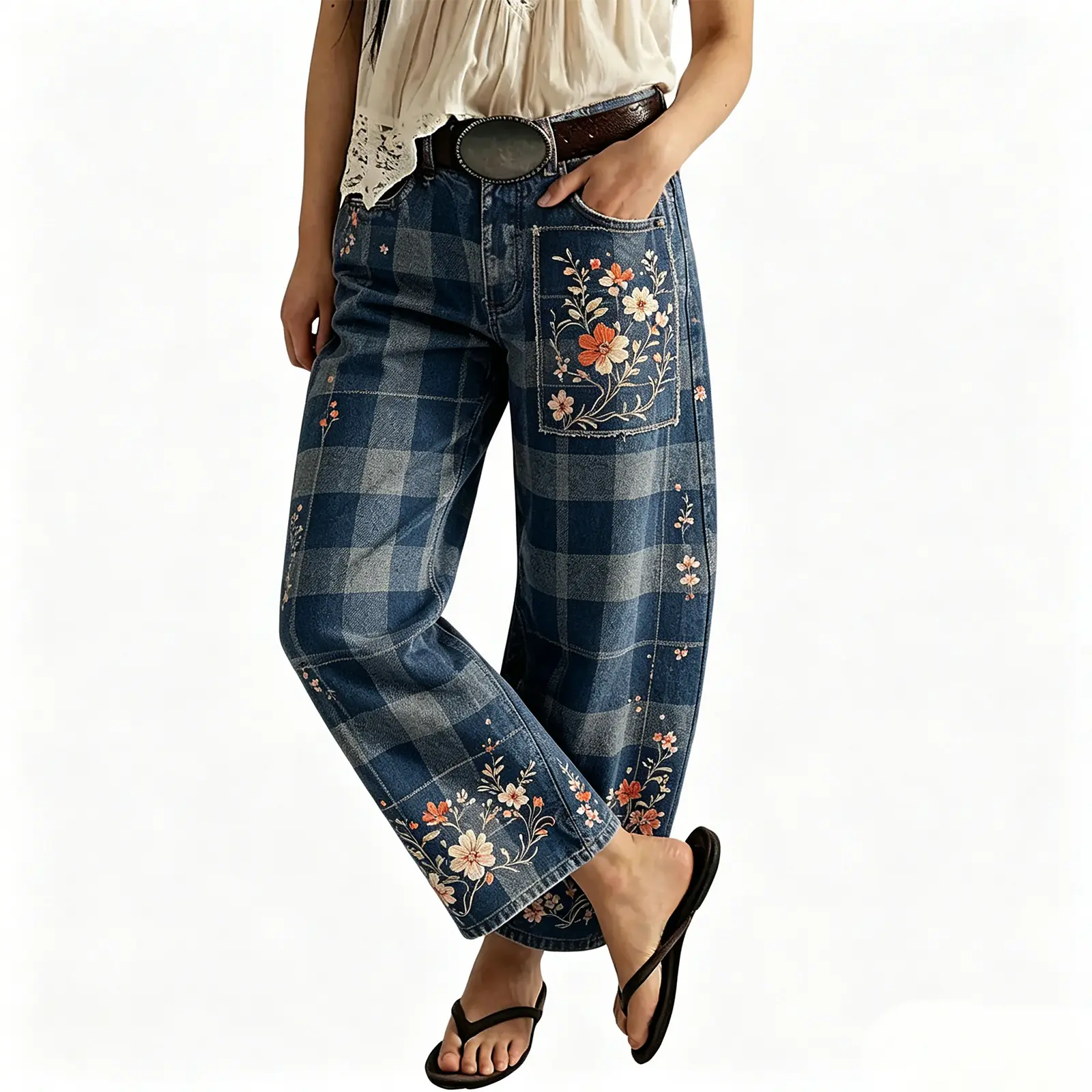 Women's vintage-wash wide-leg jeans; Y2K-style loose-fitting trousers; soft pink base with a bohemian floral print; suitable for year-round outdoor activities and streetwear styling.