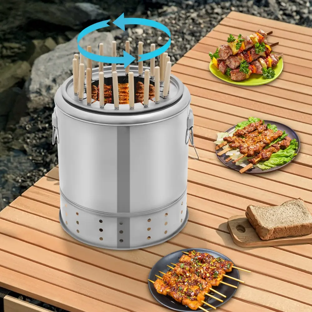 Portable Charcoal Barrel BBQ Grill with Grilling Accessories Set 20 Skewers Outdoor Camping Picnic Travel Beach Party Barbecue Smoker Cooking Equipment