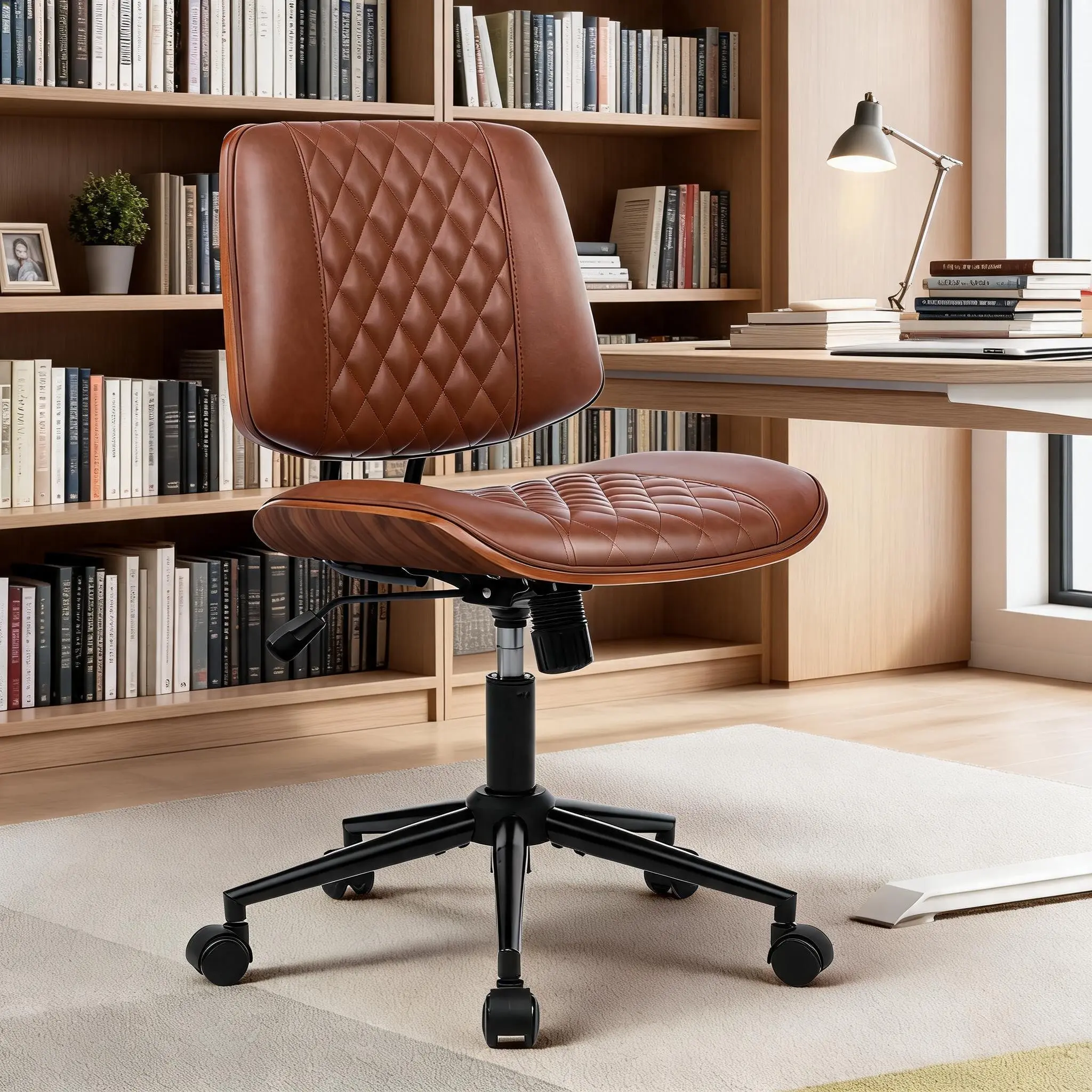 Modern Armless Ergonomic Office Chair, Adjustable Mid-Back, Soft PU Leather, Rolling Swivel Wheels, Space-Saving Diamond Design, Computer Desk Chair for Home Office and Meeting Room, Beige