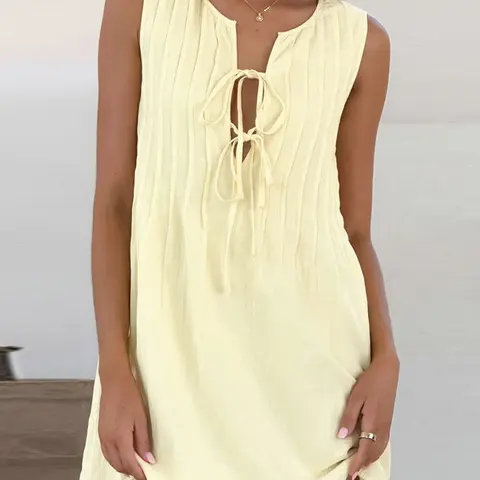 Women's Plain Tie Front Dress, Casual Sleeveless Linen Dress Summer Dresses for Summer Beachwear Dress, Ladies Clothes for Daily Wear