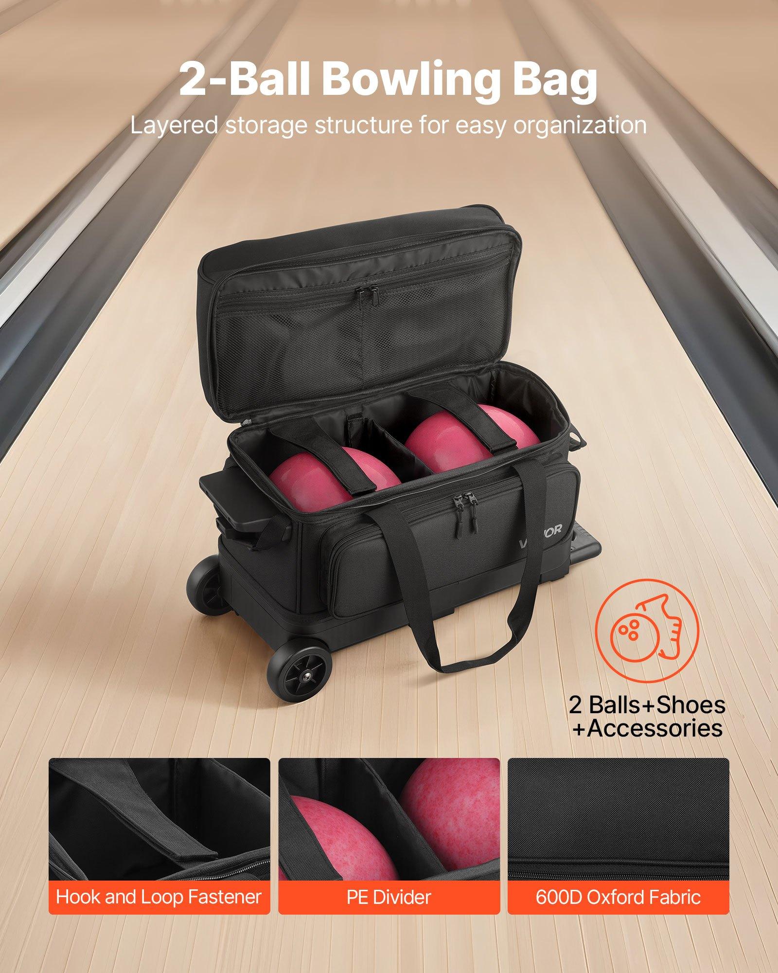 VEVOR Bowling Ball Bag, 2 Ball Double Roller Bowling Bag with Wheels, Featuring a Separate Compartment for Shoes (Up To US Size 16) & Oversized Accessory Pocket, Retractable Handle Extends to 41.32 in
