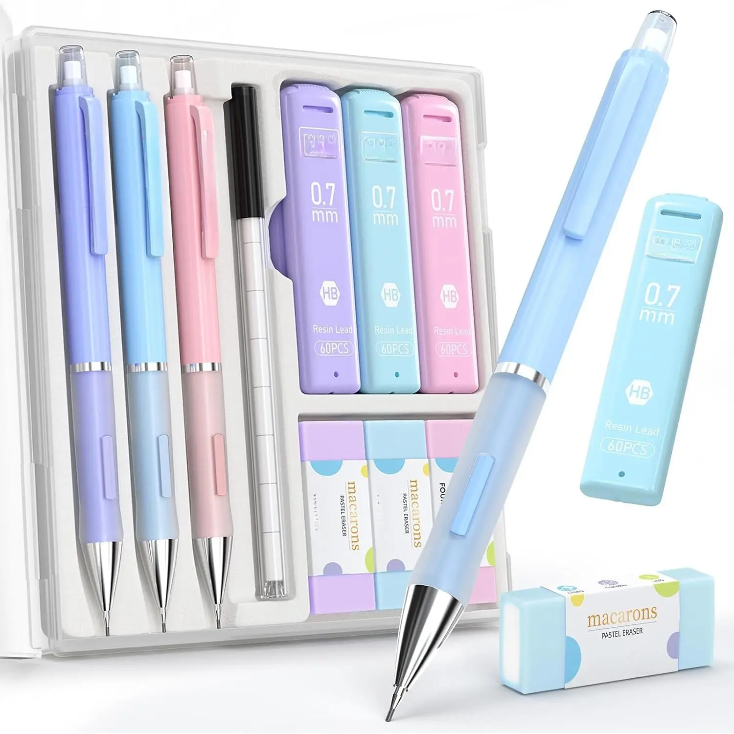 0.7mm Cute Mechanical Pencil Set, 3-Pack with Case | with 360 HB Leads, 3 Erasers+9 Refills, //Blue , Non-Slip Grip, for School Notes & Everyday Writing