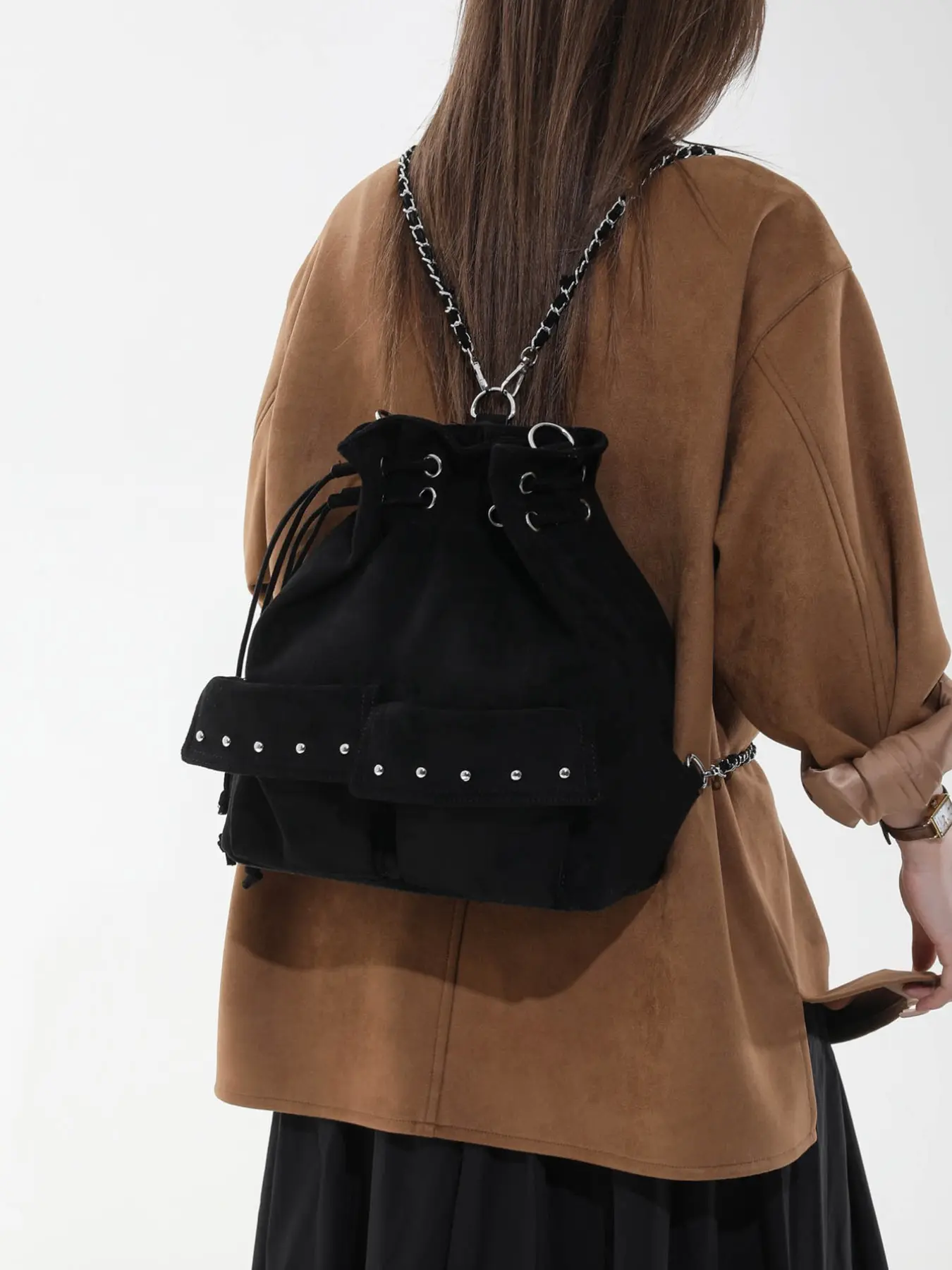 New Fall Winter Suede Drawstring Backpack for Women, Trendy Backpack, Dark Retro Rivet Multi-Pocket Chain Bag, Functional Style Crossbody Shoulder Bag