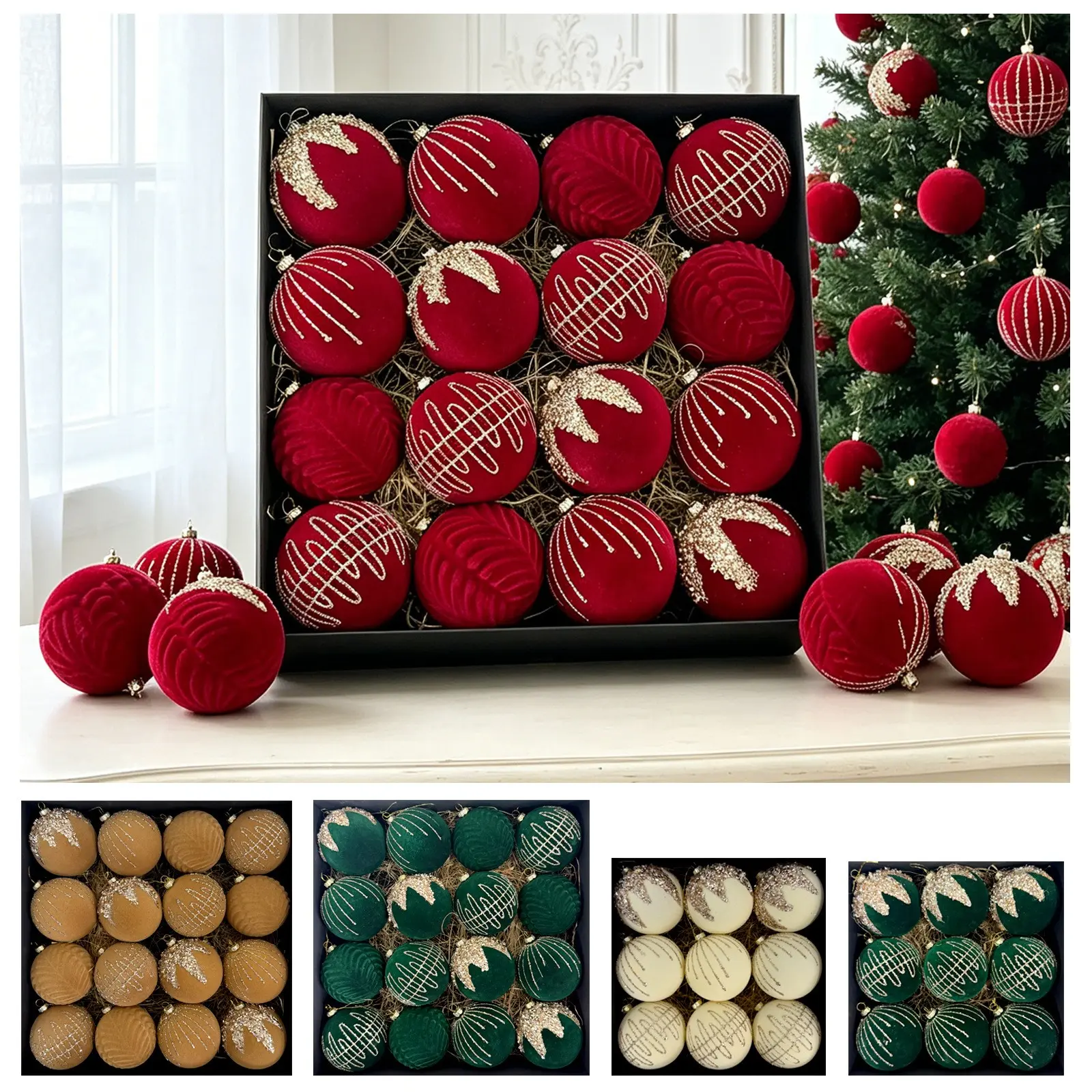 16-Pack Christmas Balls, 3.15-Inch Multi-Color, Wine Flocked, Hanging Flashing Plastic Ornaments, Holiday Tree Decorations