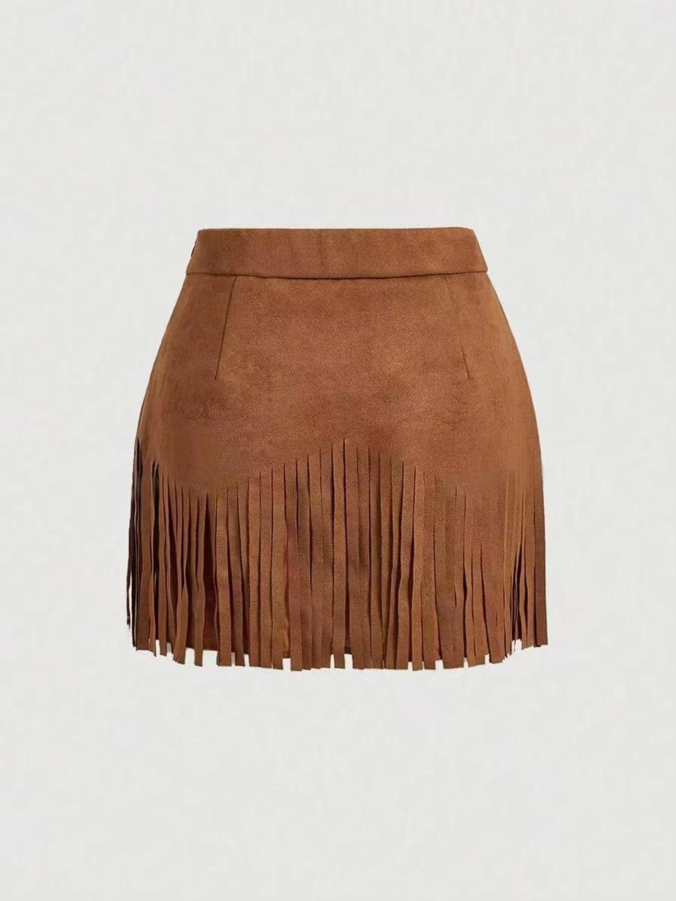 Women's Fringe Trim Short Skirt, Elegant Solid Color Zipper Skirt for Daily Wear, Ladies Bottoms for All Seasons