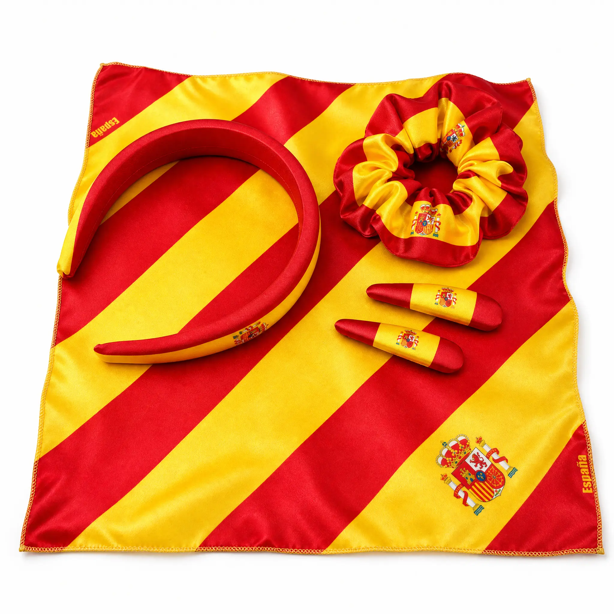 Female Striped Tencel 4-Piece Hair Accessories Set - Satin Spain Flag Colors Headband, Scarf, Scrunchie, Claw Clips - Fits All Hair Types for Soccer Watch Party, Patriotic Celebrations