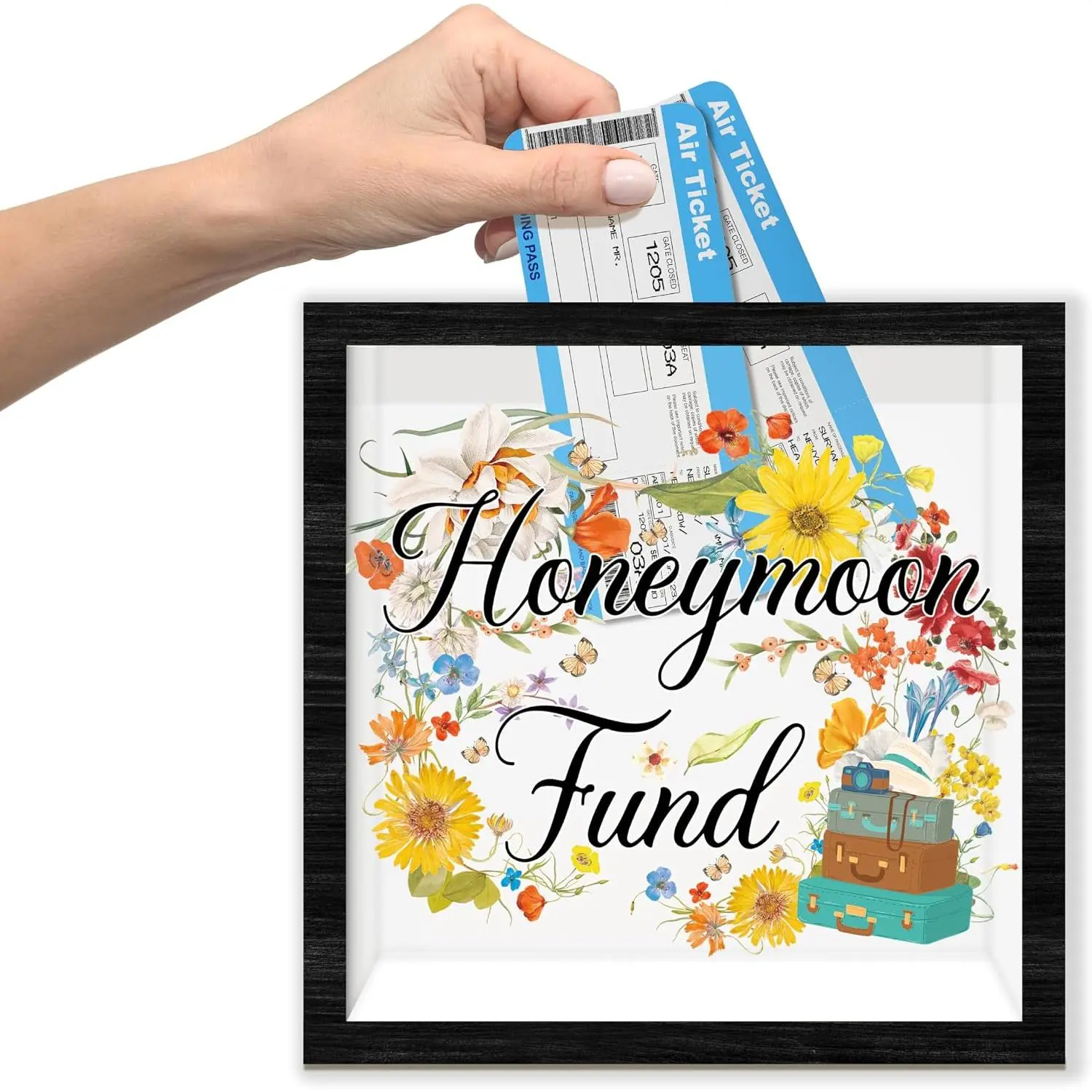 Honeymoon Fund Shadow Box Frame with Slot, Floral Wedding  Box Decor, Wildflowers Travel Memory Keepsakes Case, Wedding Honey Moon Gifts for Newlyweds Couples- A01