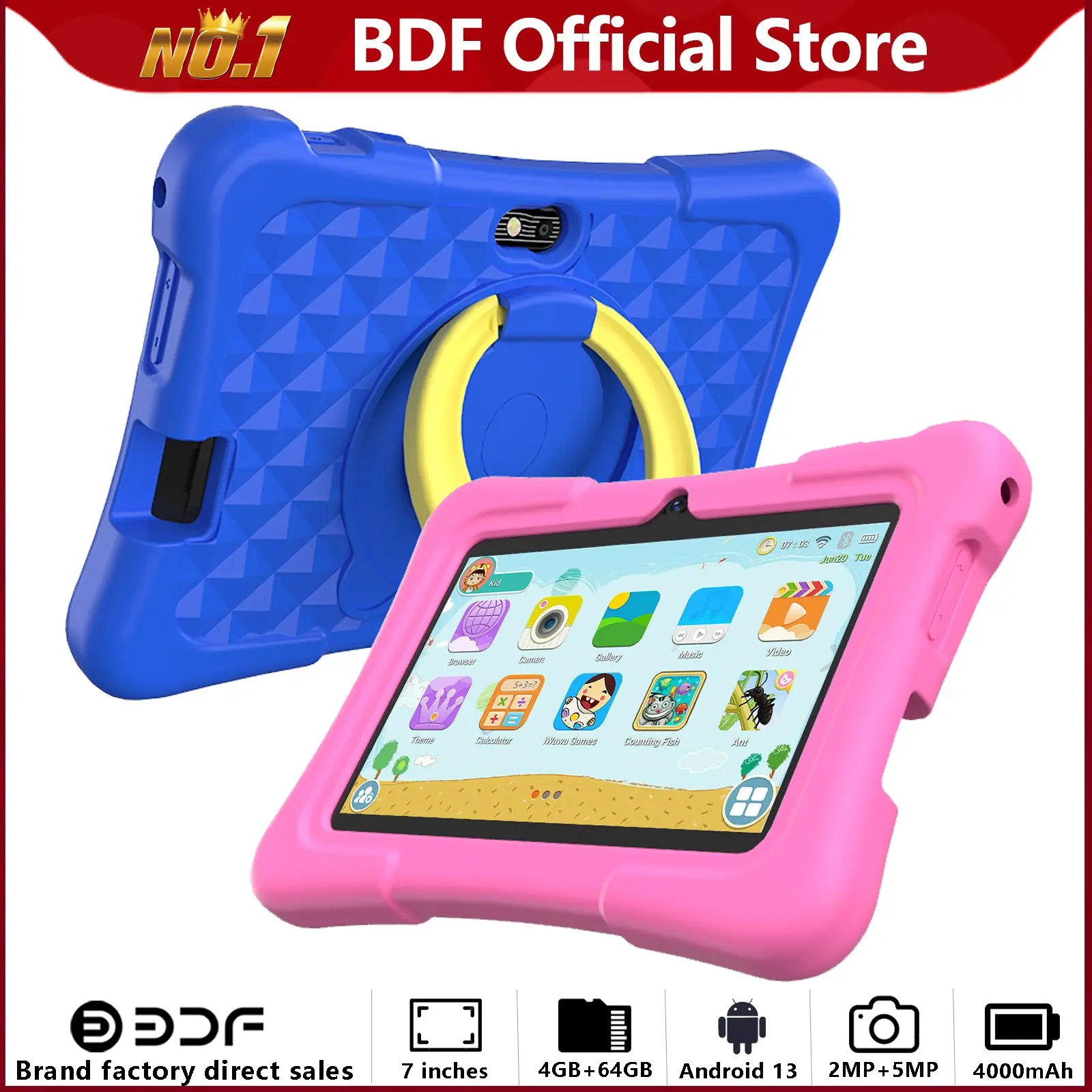 7 Inch Android Tablet with Education Software, USB Charging, Quad Core Processor, 4GB RAM, 64GB Storage, Parental Lock, Dual Camera, Android Learning Tablet