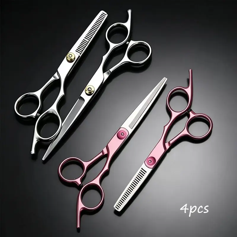 4pcs Haircutting Tool Set, Rose & Silver Color, Professional Barber Scissors, Flat Blade, Thinning Shears, Complete Kit