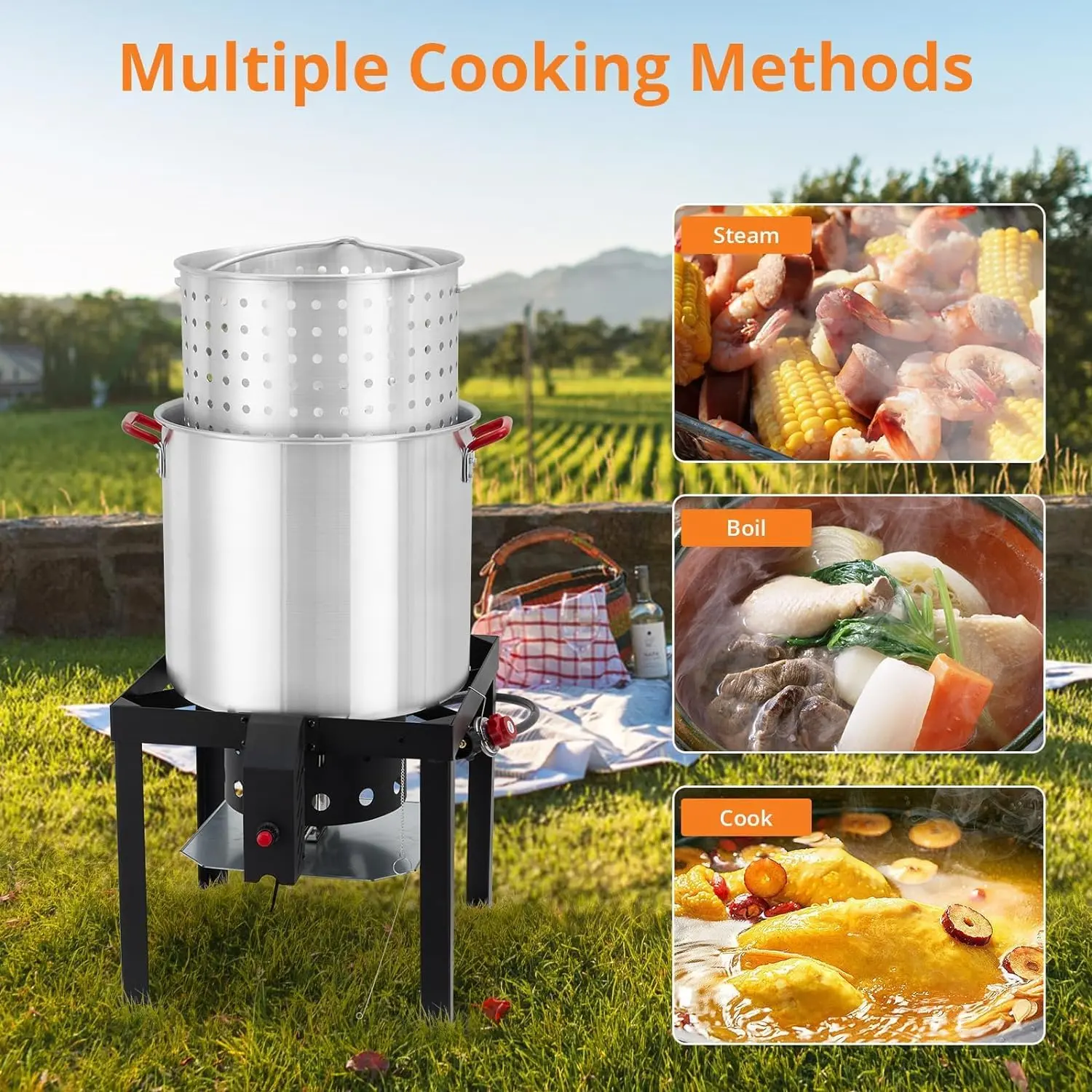 Heavy-Duty 100QT Aluminum Seafood Boil Pot Set, Outdoor Propane Turkey Fryer Kit with Steam Basket, Strainer, 110000 BTU Jet Igniter & Lifting Hook, Perfect for Crawfish, Shrimp, Crab and Turkey Cooking