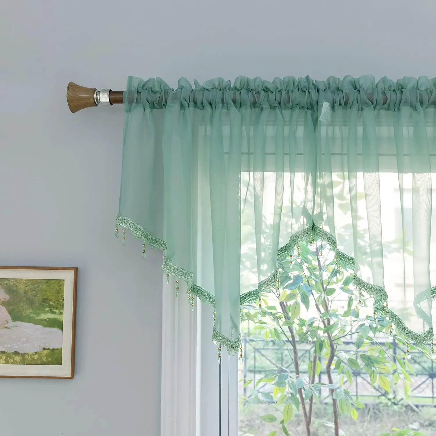 Beaded Sheer Valance Curtains for Living Room,Rod Pocket  Window Valance, Bead Trim Tassel Voile Sheer Curtain Valance for Bedroom Bathroom Cafe 51x24 Inches (Mineral Blue) 1 count